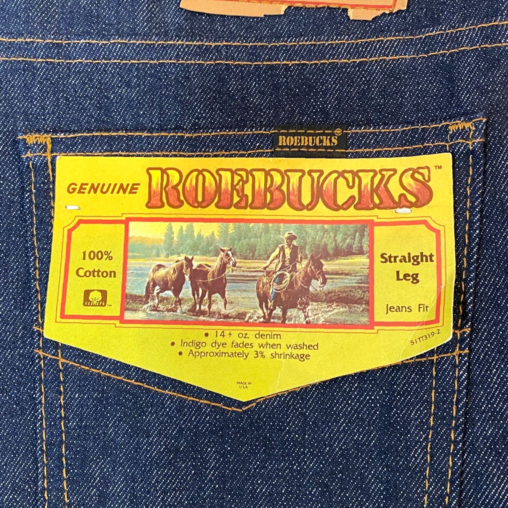 Denime VINTAGE Roebucks Jeans Straight Leg Mens 36x31 Dark Wash 14 oz Denim Blue 70s 80s Cowboy Style Mens Size US 36 / EU 52 - 3 Thumbnail