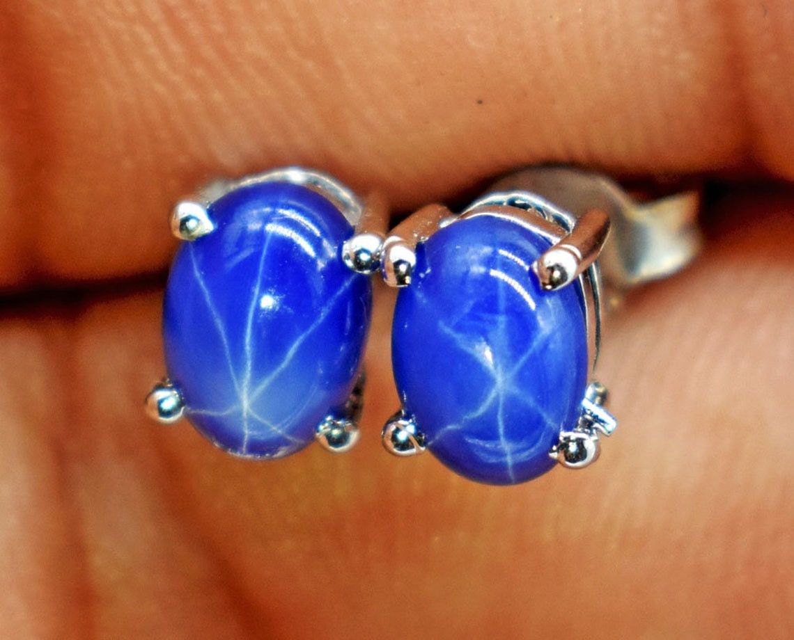 Handmade Blue Star Sapphire Sterling Silver Stud Earrings Size ONE SIZE - 3 Thumbnail
