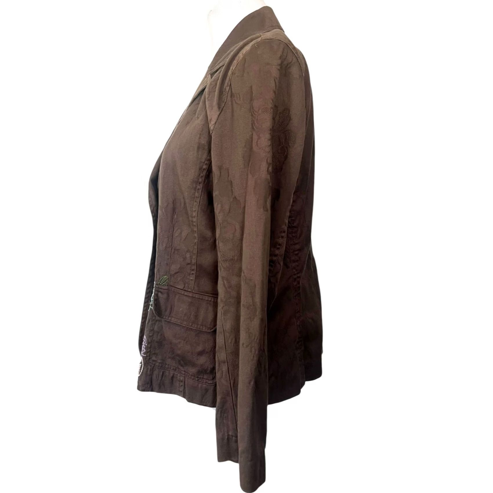 J. Jill J.Jill Blazer Brown Jacquard Embroidered Floral One-Button Cotton Size M Women's Jacket Size M / US 6-8 / IT 42-44 - 5 Thumbnail