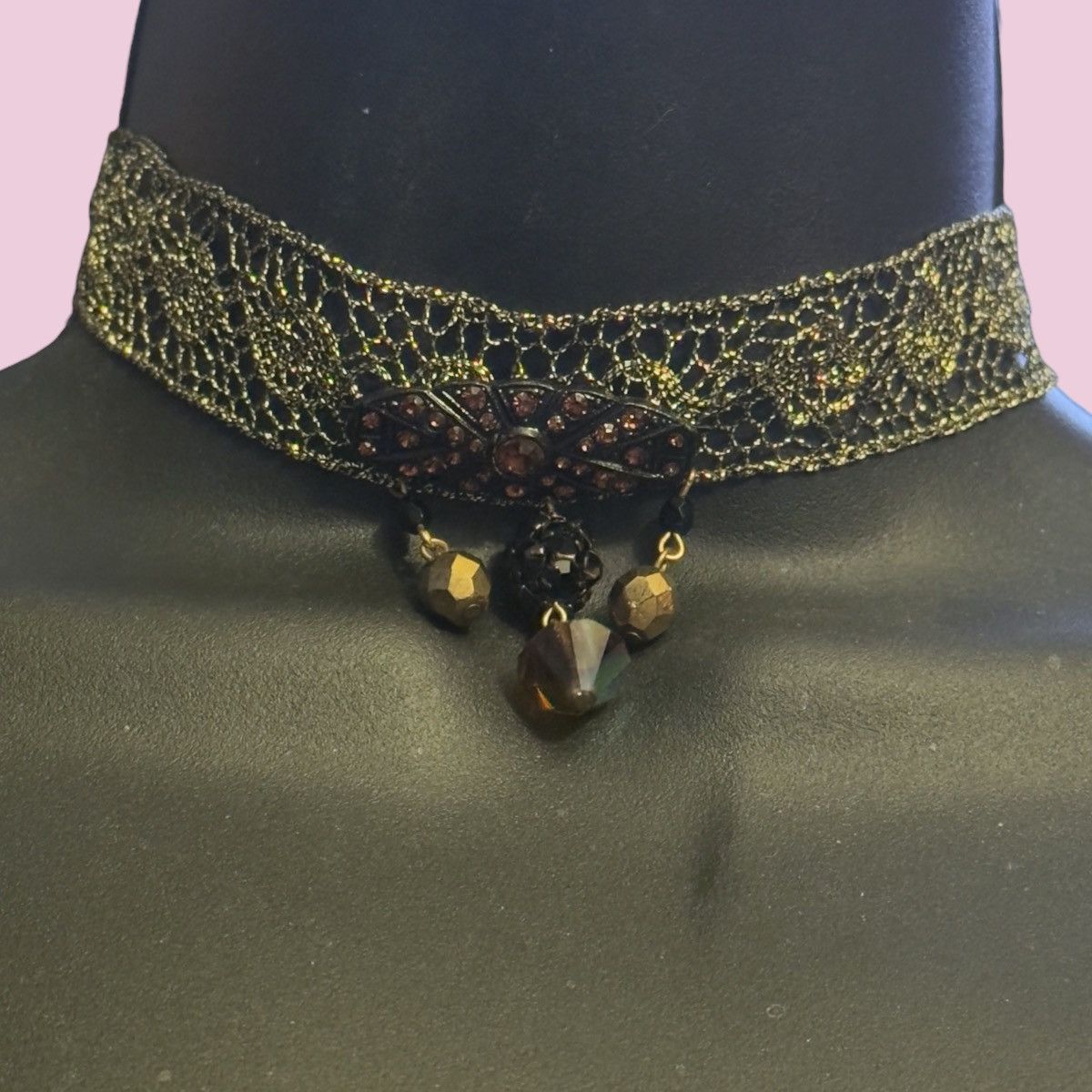 Other Vintage metallic gold lace choker necklace w/crystal dangles Size ONE SIZE - 1 Thumbnail