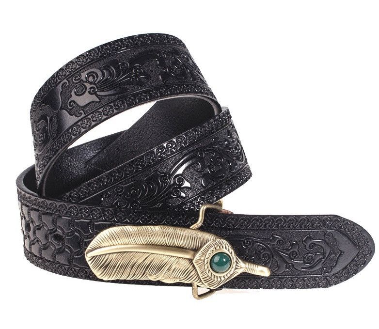 Japanese Brand × Vintage Outdoor retro fashion feather buckle carved leather belt Size ONE SIZE - 1 Thumbnail