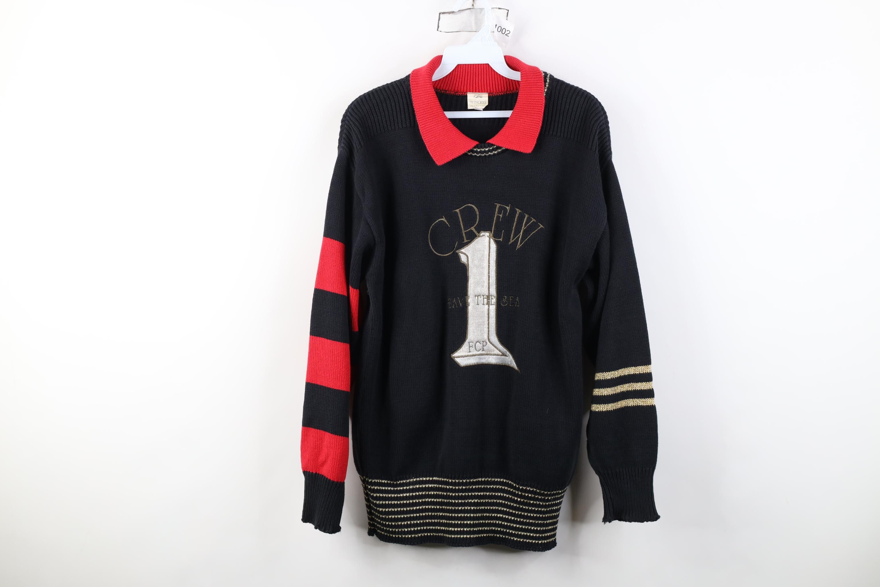 Vintage Vintage 90s Streetwear Save the Sea Boat Collared Sweater Size XXL / US 16-18 / IT 52-54 - 1 Thumbnail