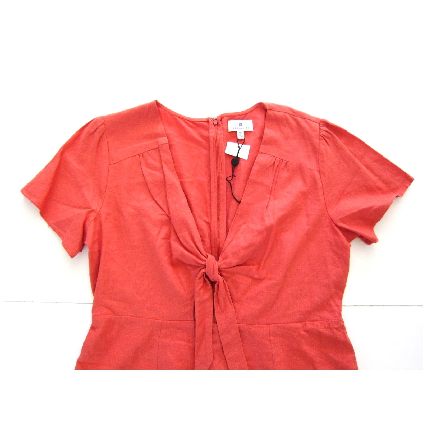 Vintage NWT Socialite Linen Orange Short Sleeve V-Neck Tie Sheath Dress 2XL Womens Size 40" / US 18 - 3 Thumbnail