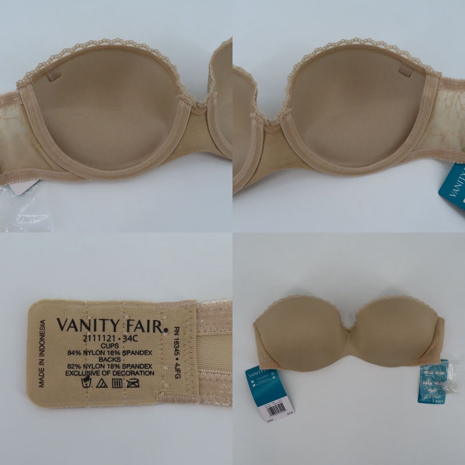 Vintage Vanity Fair 34C Bra Gel Touch Strapless Convertible Underwire NEW Beige Solid Women Size ONE SIZE - 9 Thumbnail
