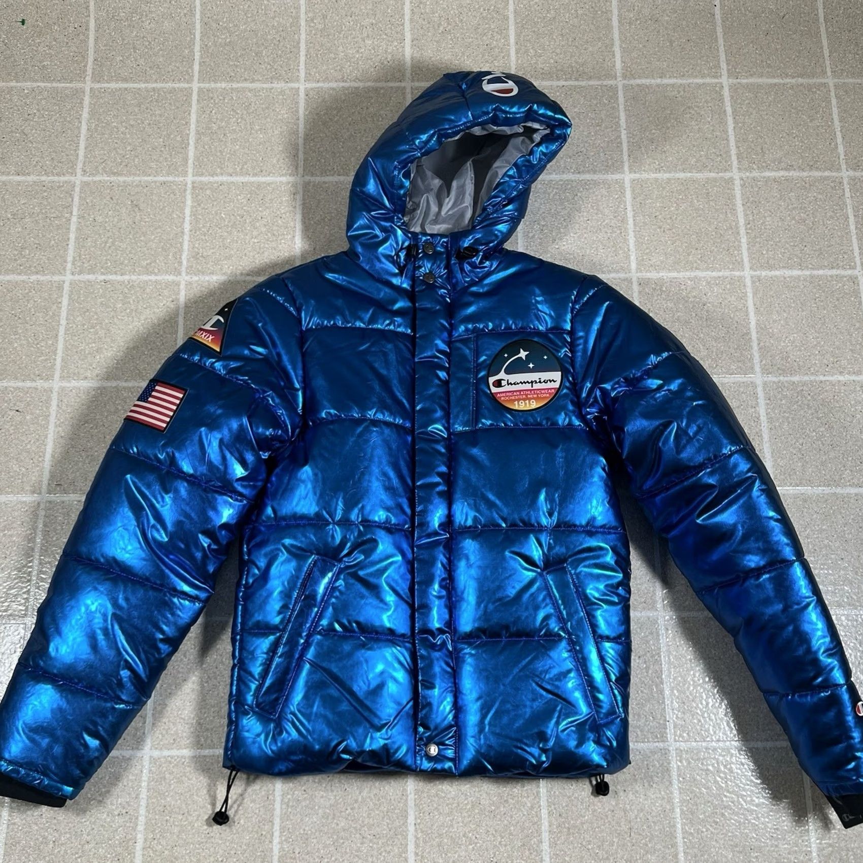 Champion VINTAGE Champion x NASA Metallic Puffer Jacket Mens XS Blue Quilted Space Jacket Size US XS / EU 42 / 0 - 2 Thumbnail