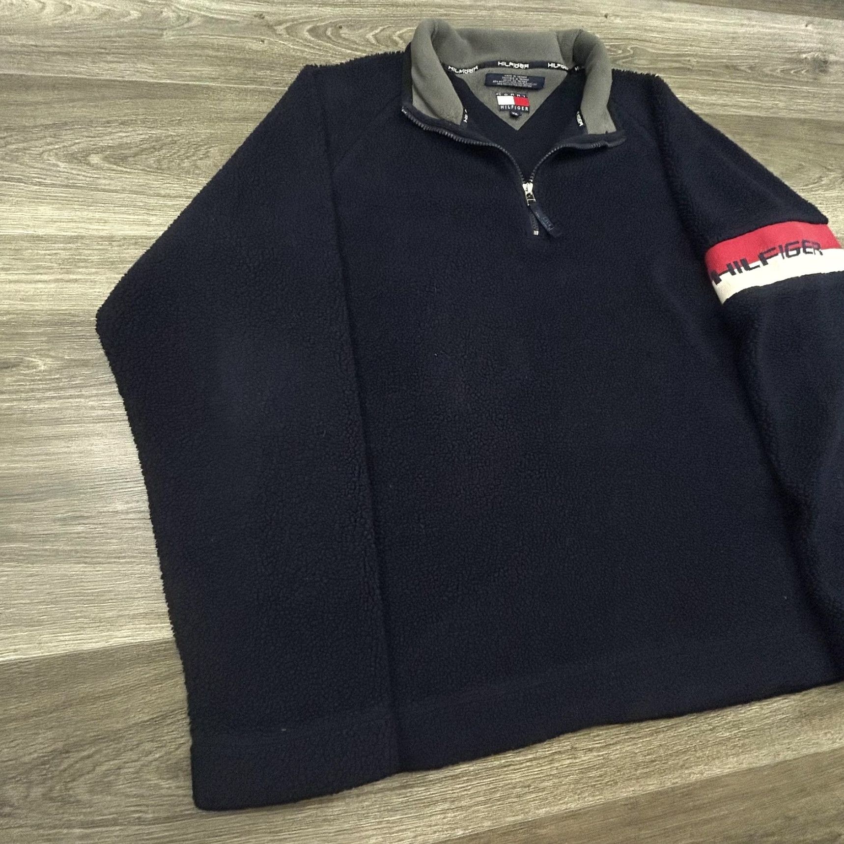 Tommy Hilfiger VINTAGE Tommy Hilfiger Pullover Fleece Jacket Mens 2XL Navy Sleeve Stripe 90s Size US XXL / EU 58 / 5 - 3 Thumbnail