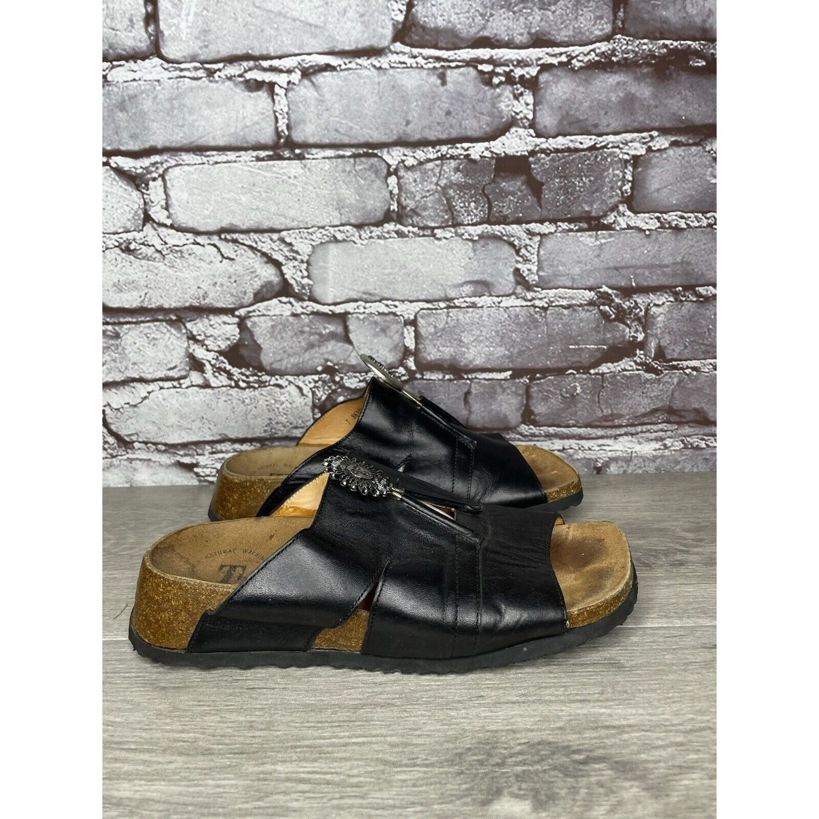 Other Think! Black Leather Cork Sun Moon Silver Wedge Sandals Wome Size US 6.5 / IT 36.5 - 15 Thumbnail
