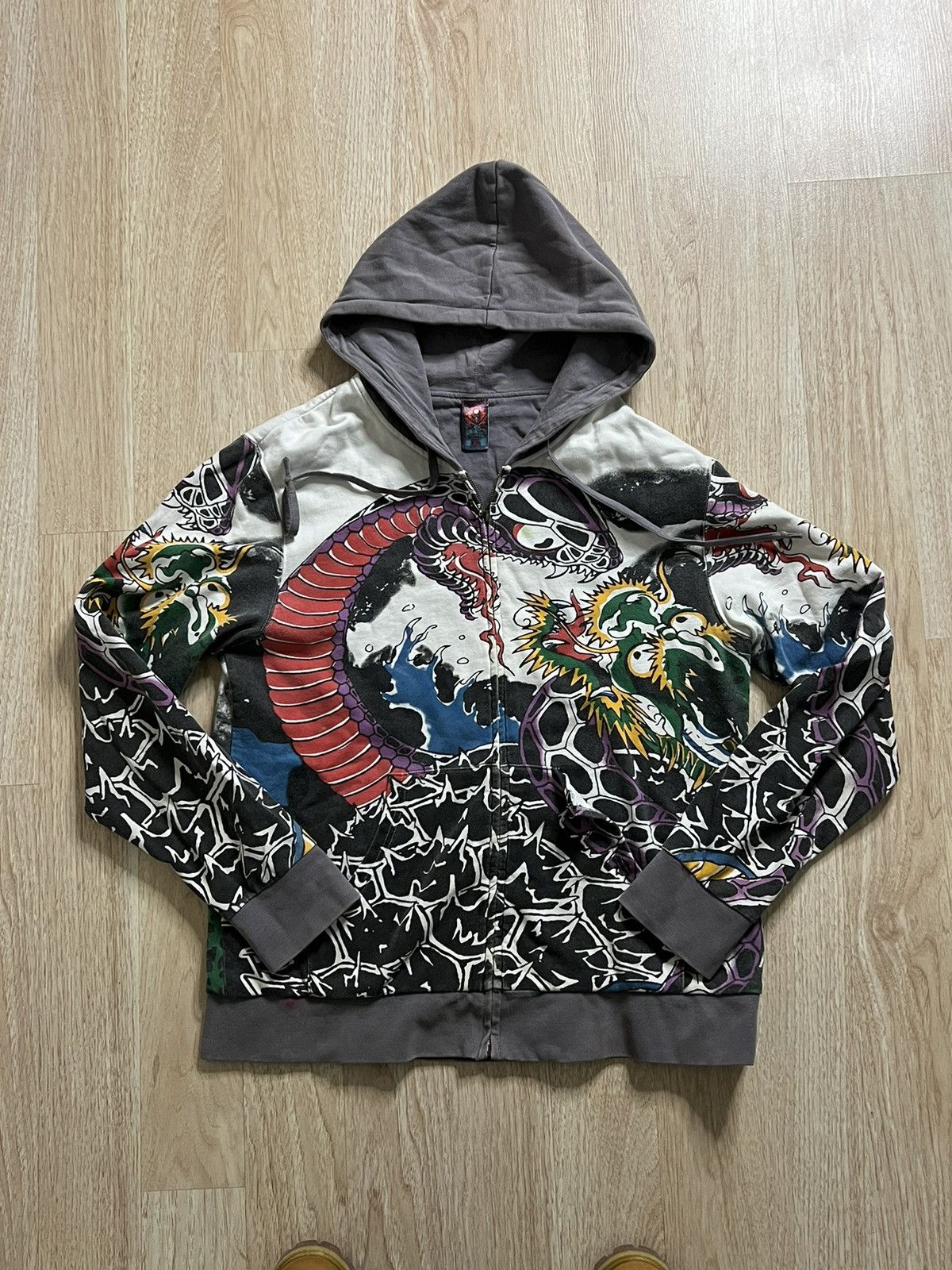 image of Christian Audigier x Ed Hardy Vintage Ed Hardy Aop Hoodie (Y2K) in Grey, Men's (Size XL)