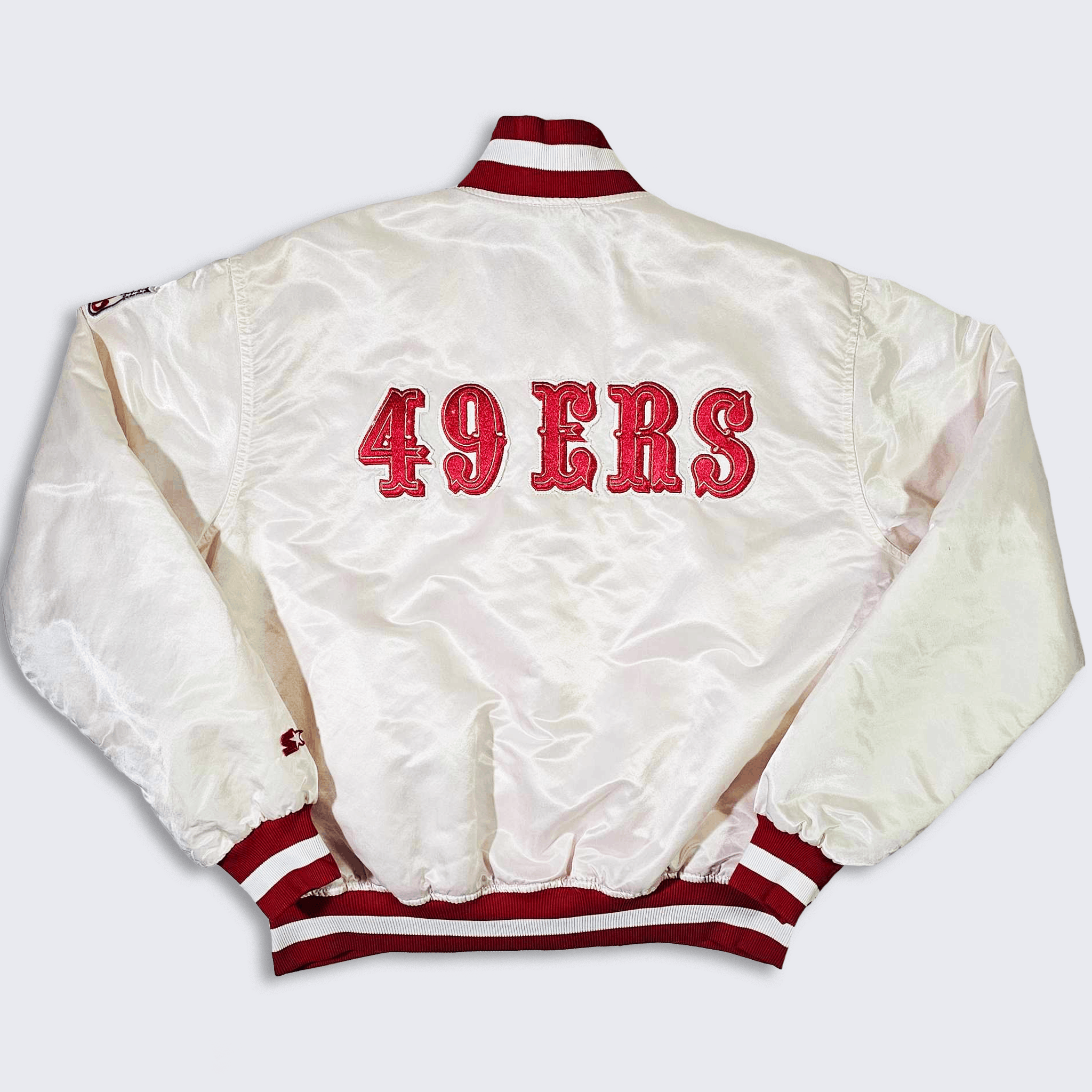 image of San Francisco 49Ers Vintage 80's Starter Satin Bomber Jacket in White Red, Men's (Size XL)