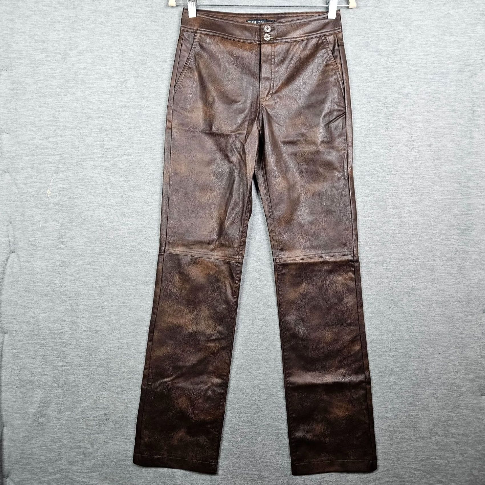 Zara ZARA Women's Brown Vegan Leather High Waisted Straight Leg Trousers XS NEW Size 26" / US 2 / IT 38 - 2 Thumbnail