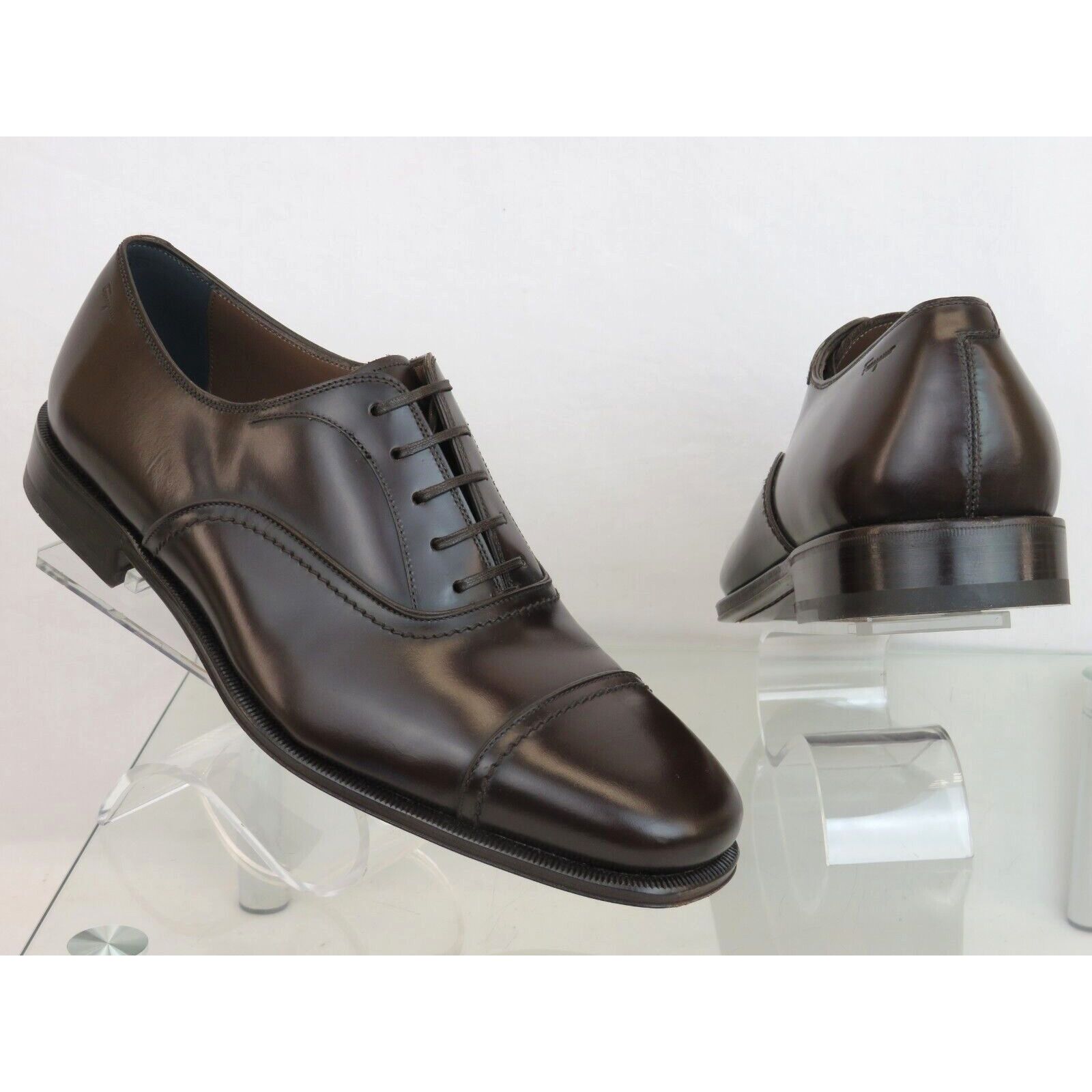 Salvatore Ferragamo SEUL DARK BROWN POLISHED LEATHER CAP TOE LOGO OXFORDS 12 D Size US 13 / EU 46 - 6 Thumbnail