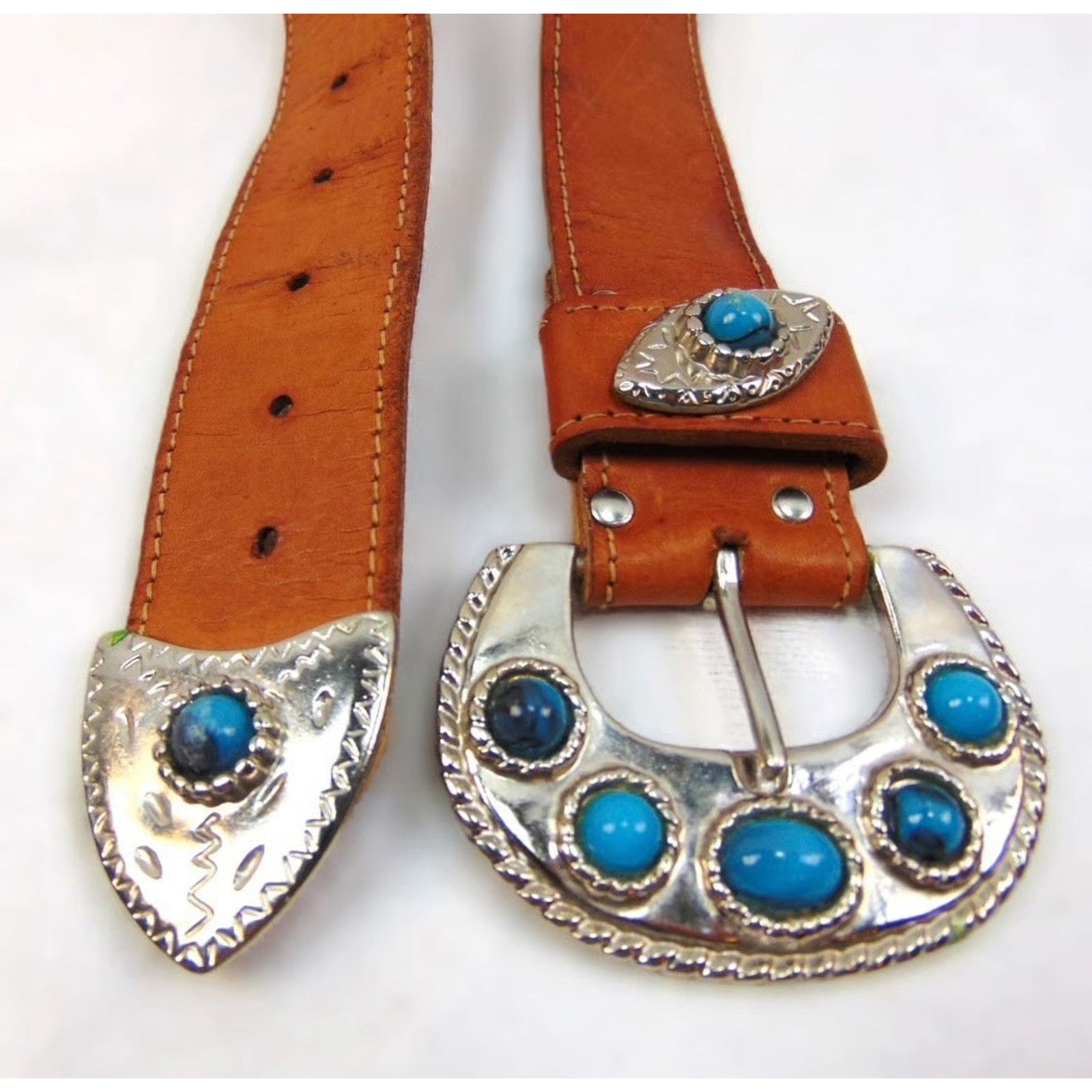 VTG Forenza Brown Leather Western Belt Silver Hardware Turquoise Bead M TURQUOISE STUDDED COWBOY BELT - Brown – Forward Supply Co main image 2