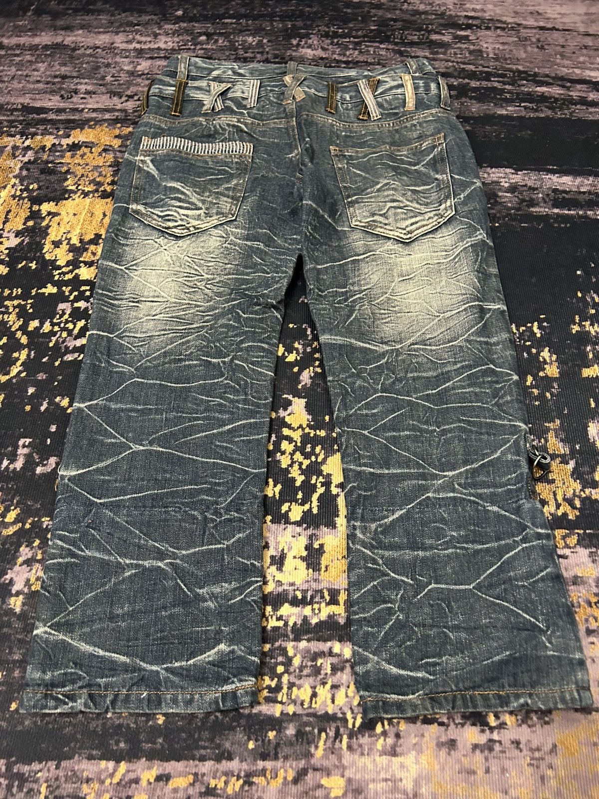 Japanese Brand NYLAUS Doublle Waist Mud Claw Mark Cropped Jeans Size US 31 - 8 Thumbnail