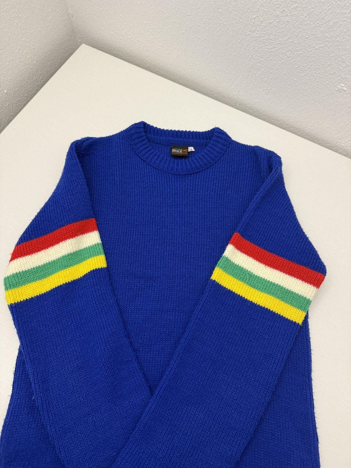 Sears Vintage 1970s Sears Blue Knit Rainbow Striped Sleeve Sweater Size US S / EU 44-46 / 1 - 3 Thumbnail