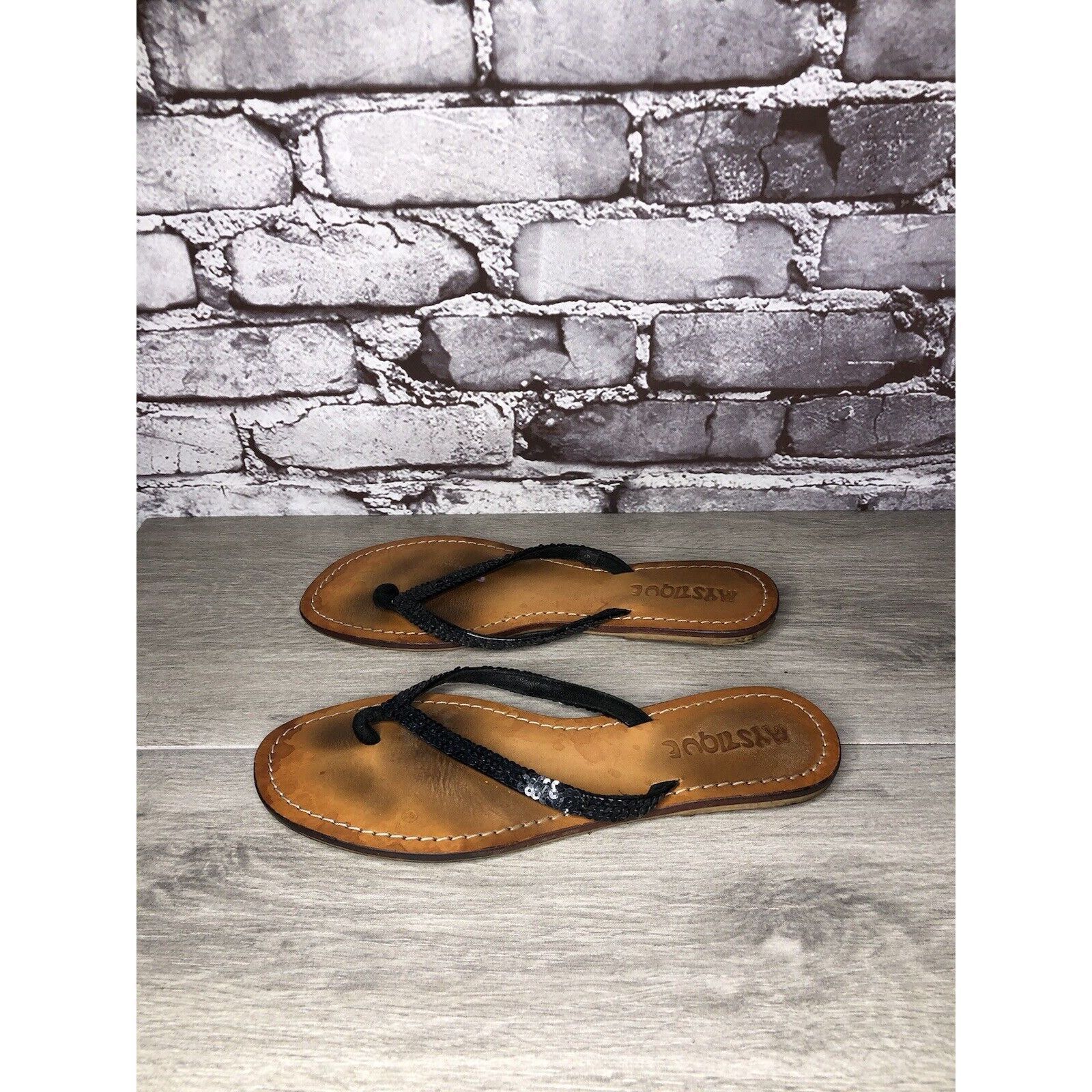 Other Mystique Black Leather Snake Skin Thong Flip Flops Sandals W Size US 9 / IT 39 - 7 Thumbnail