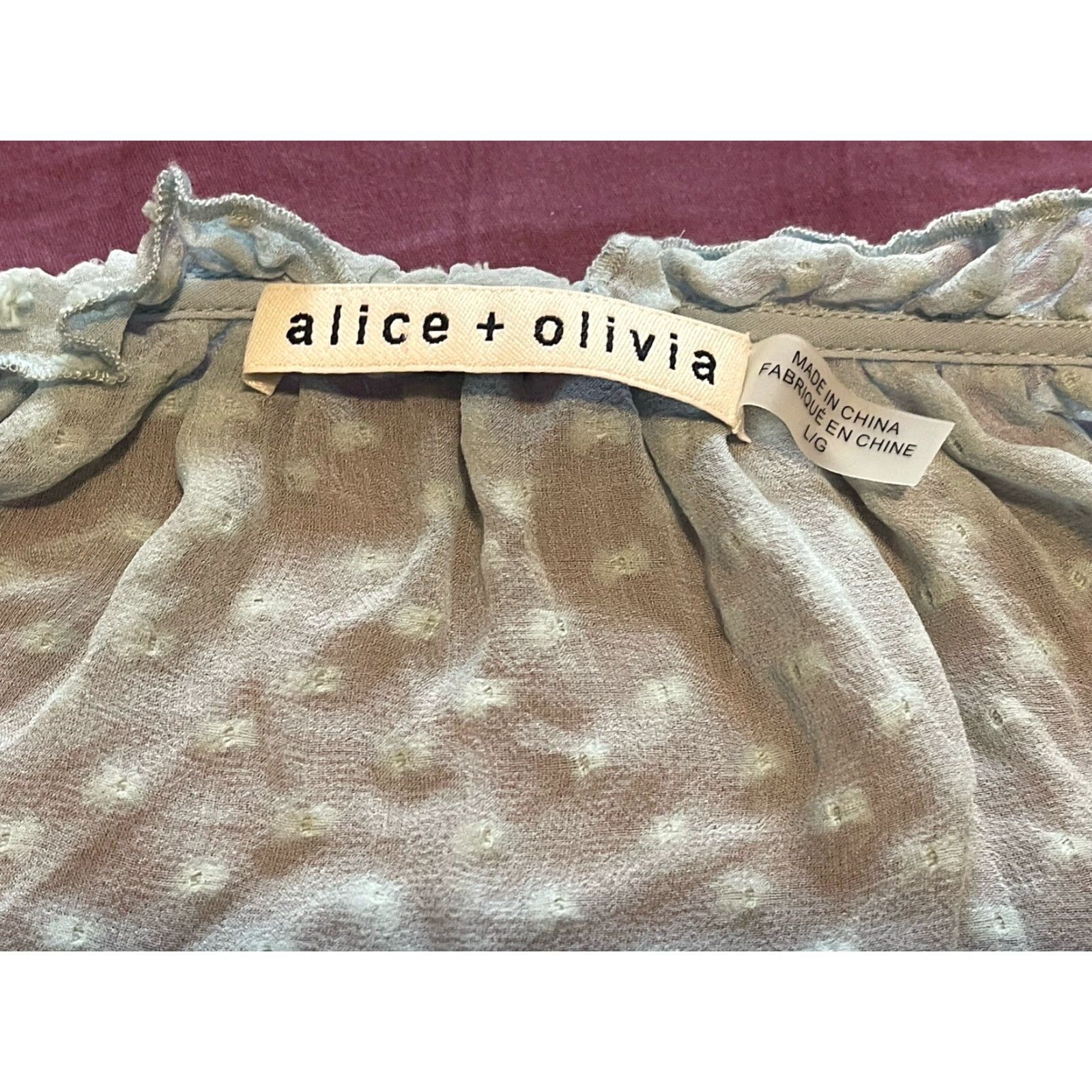 Alice + Olivia Alice + Olivia Blouse Women L Robins Egg Blue Polka Dot Pom Pom Silk Blend Balloon Sleeve Button Rhinestone Business Casual Party/Cocktail Size L / US 10 / IT 46 - 2 Thumbnail