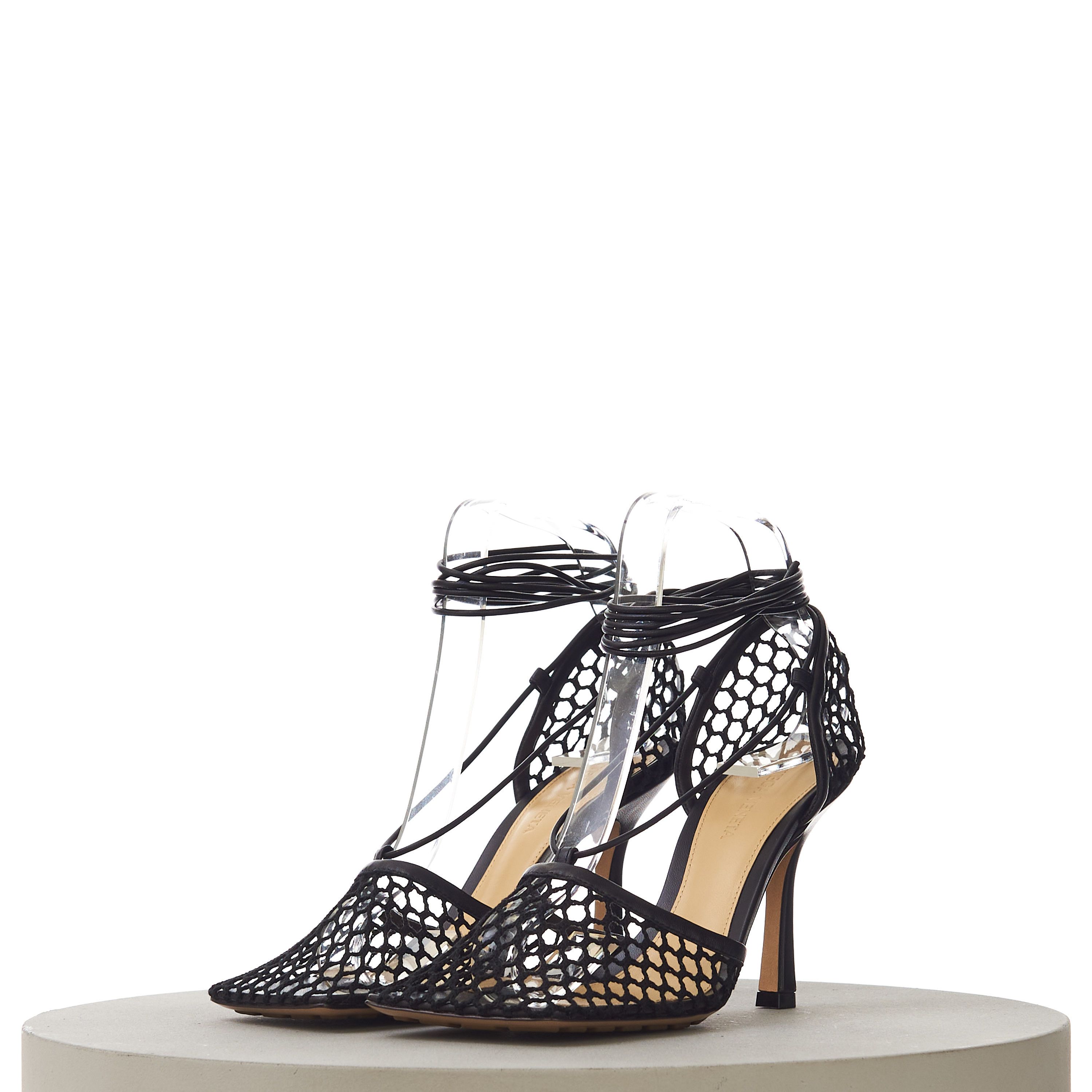 Bottega Veneta Stretch Lace-Up Sandals In Black Leather & Mesh Size US 8.5 / IT 38.5 - 4 Thumbnail