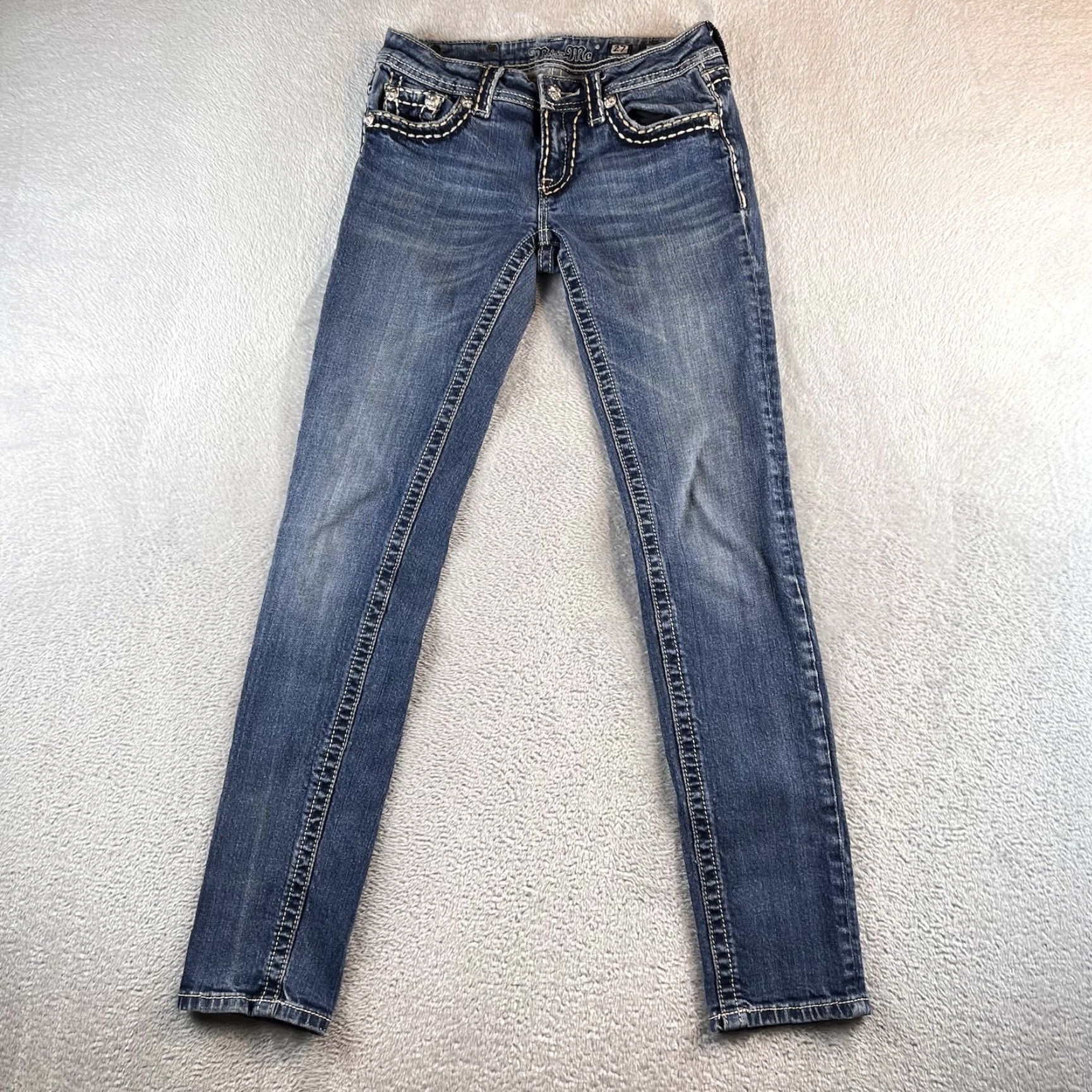 Miss Me Miss Me Jeans Women’s Slim Skinny Denim 5-Pocket Buckle Button Zip Blue Patch Rhinestone Embroidered Details 28x31 Vintage? No Size 27" / US 4 / IT 40 - 2 Thumbnail