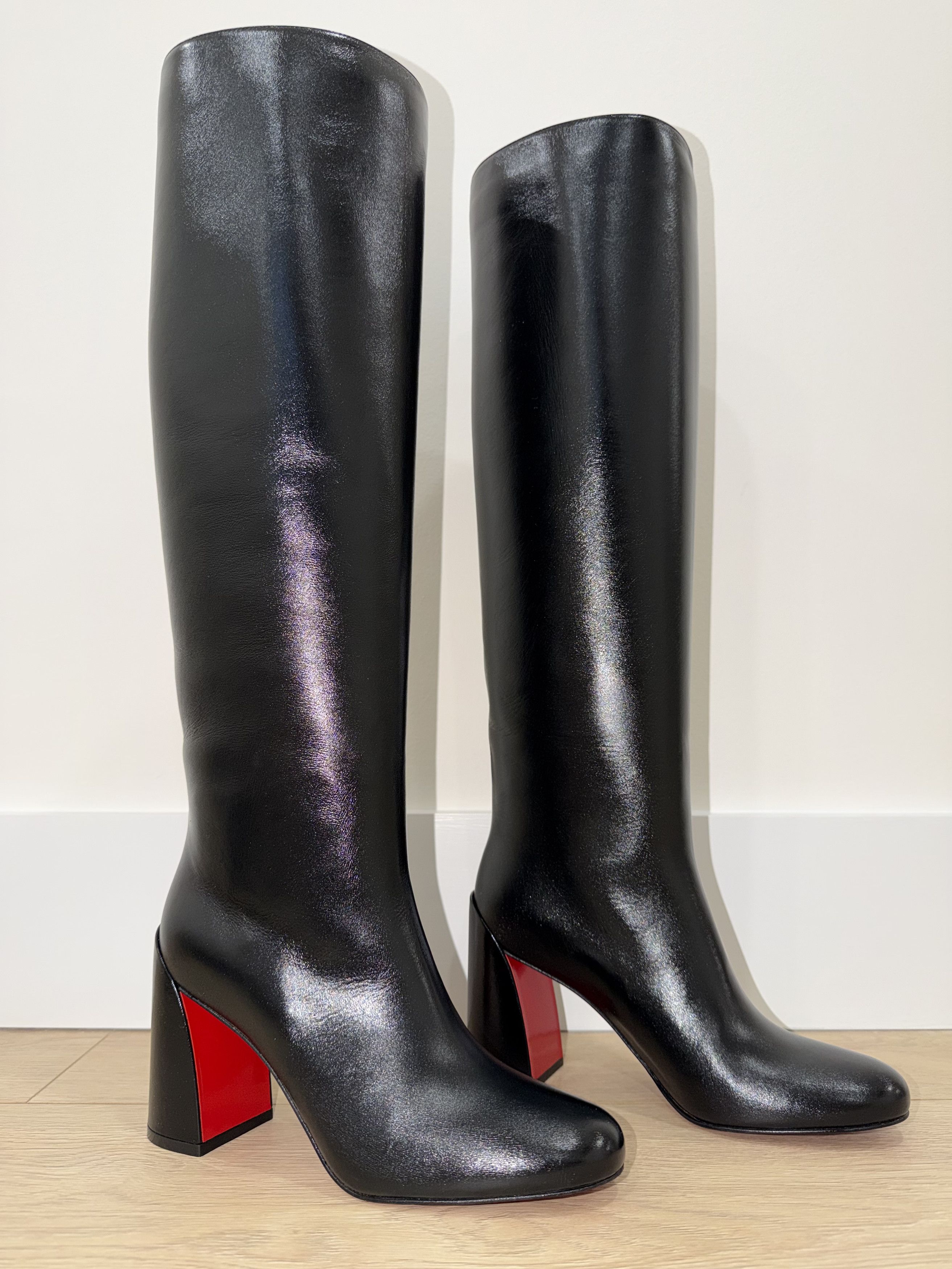 Janitta 85 Black Leather Knee High Block Heel Boot 38.5