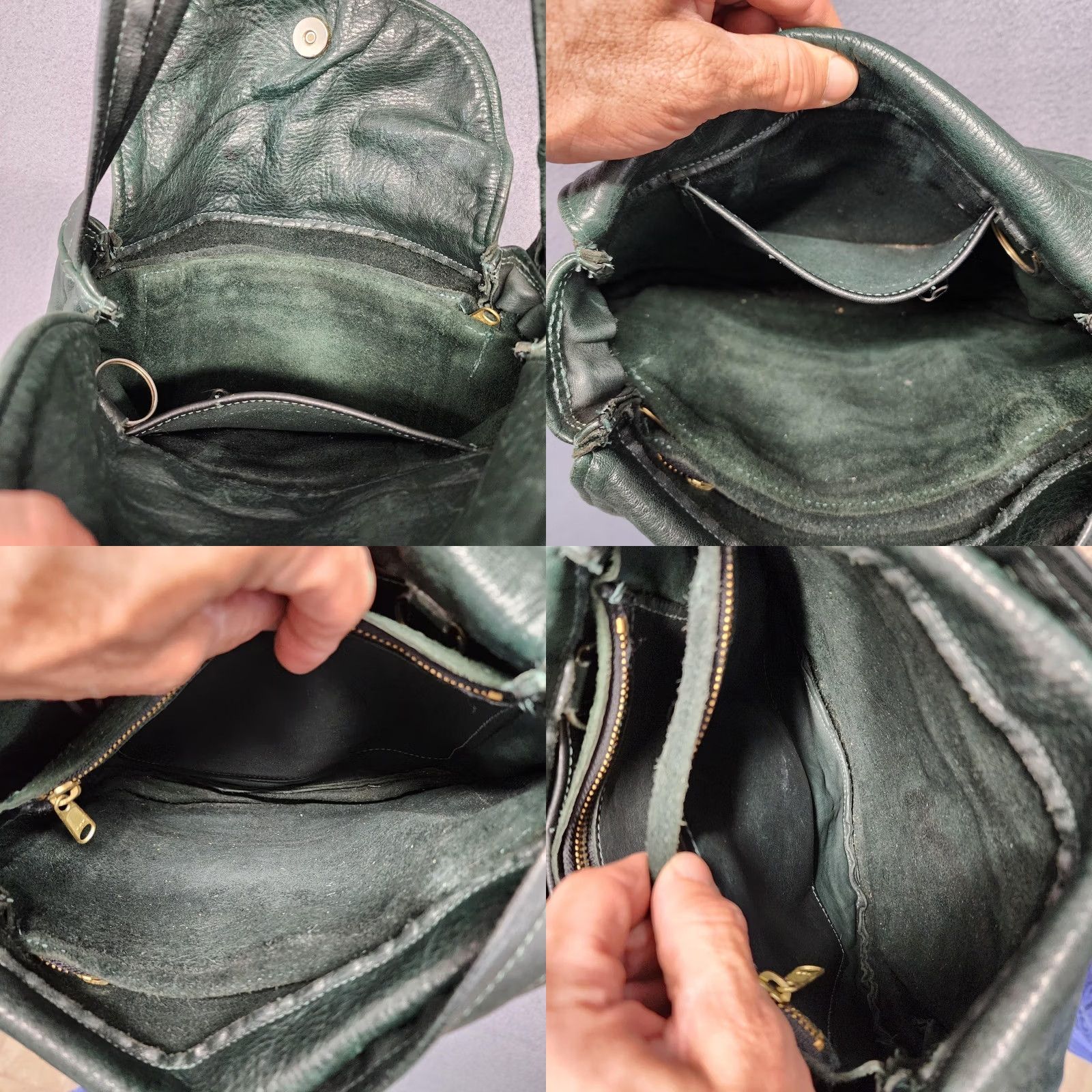 Vintage Leather Shoulder Bag Dark Green Flap Pocket Zip Compartments Medium Purse Womens Shoulder Bag Size ONE SIZE - 8 Thumbnail