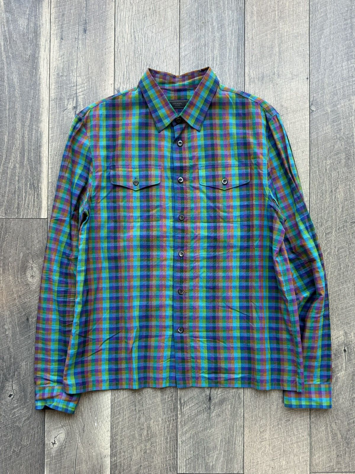 Prada MultiColor Plaid Cotton Button Up Long Sleeve Shirt