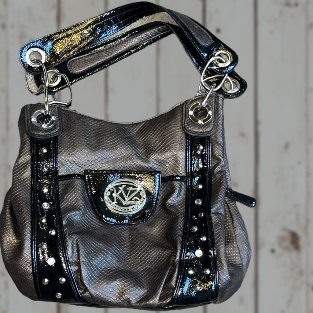 Doublet VINTAGE Kathy Van Zeeland Shoulder Bag Croc Embossed Brown Black Silver Studs Slouchy Boho Double Straps Size ONE SIZE - 1 Thumbnail