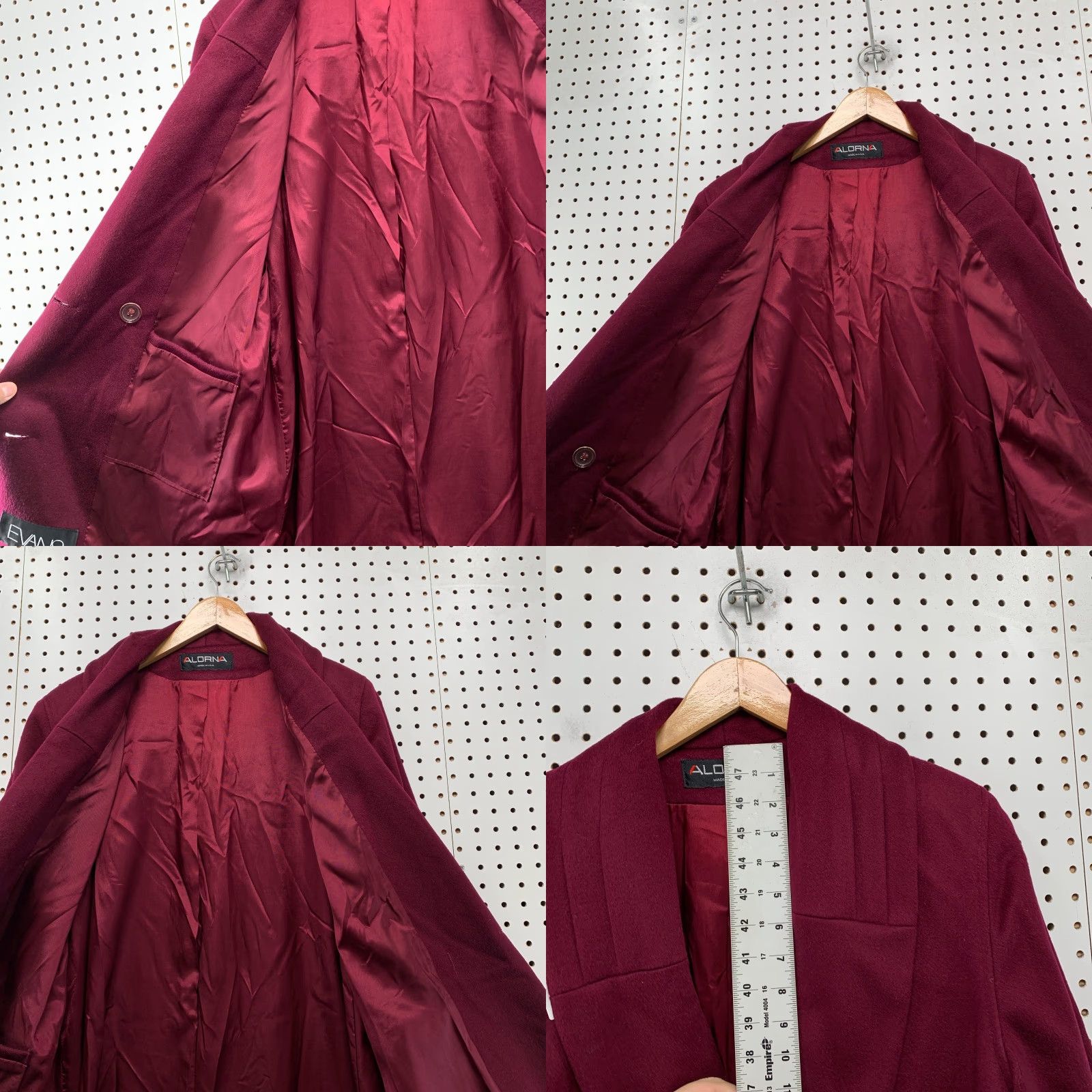 VINTAGE Alorna Wool Overcoat Womens L Burgundy Alorna Double Breasted USA Coat Long Winter 90s Womens