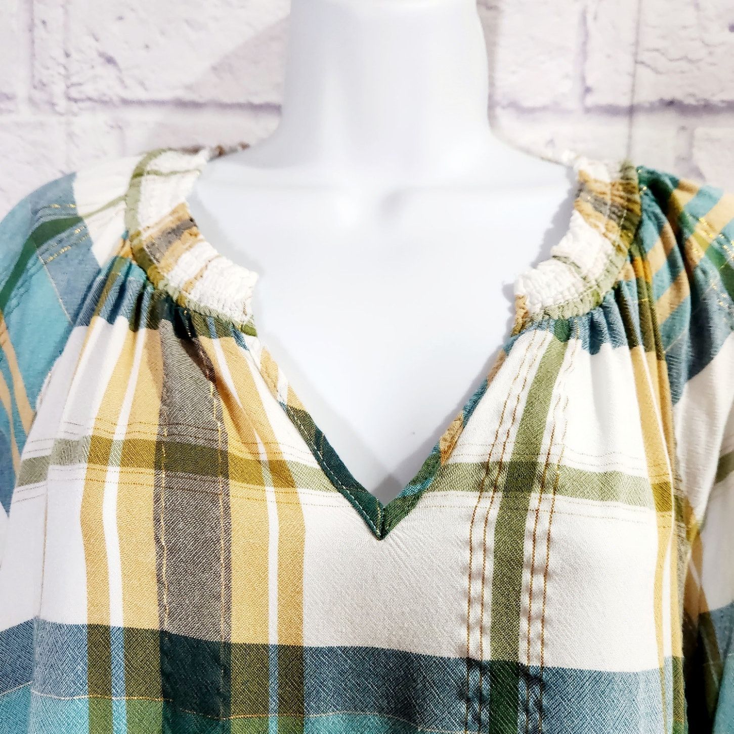 Other Cato White Green Gold Plaid V Neck Top 14W 16W Plus Size XXL / US 16-18 / IT 52-54 - 2 Thumbnail