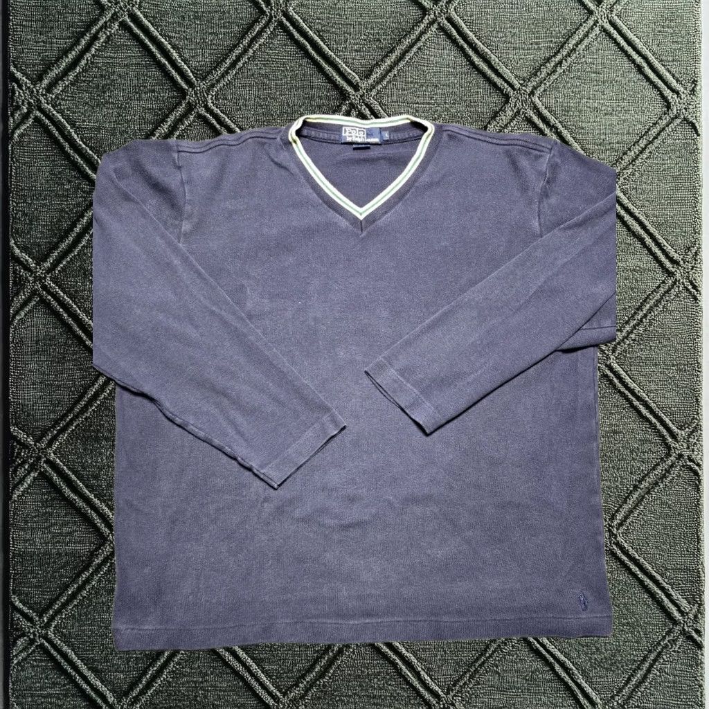 Vintage Polo Ralph Lauren Sweater L Blue V Neck Cable Knit Sweatshirt 90s Tennis Mens, Men's