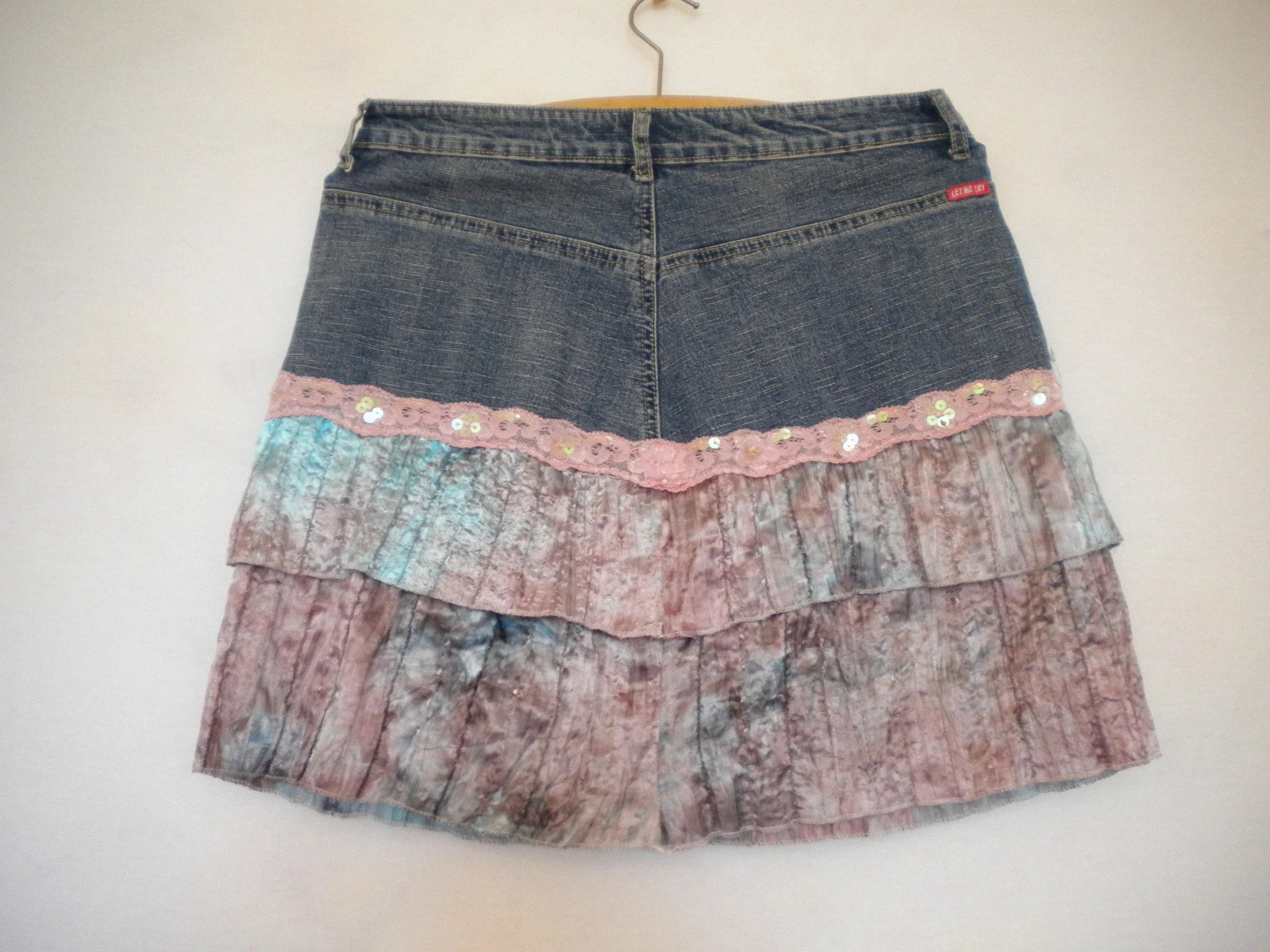 Other Vintage denim hippie jean mini skirt Y2K ruffle lace sequins Size 27" / US 4 / IT 40 - 4 Thumbnail