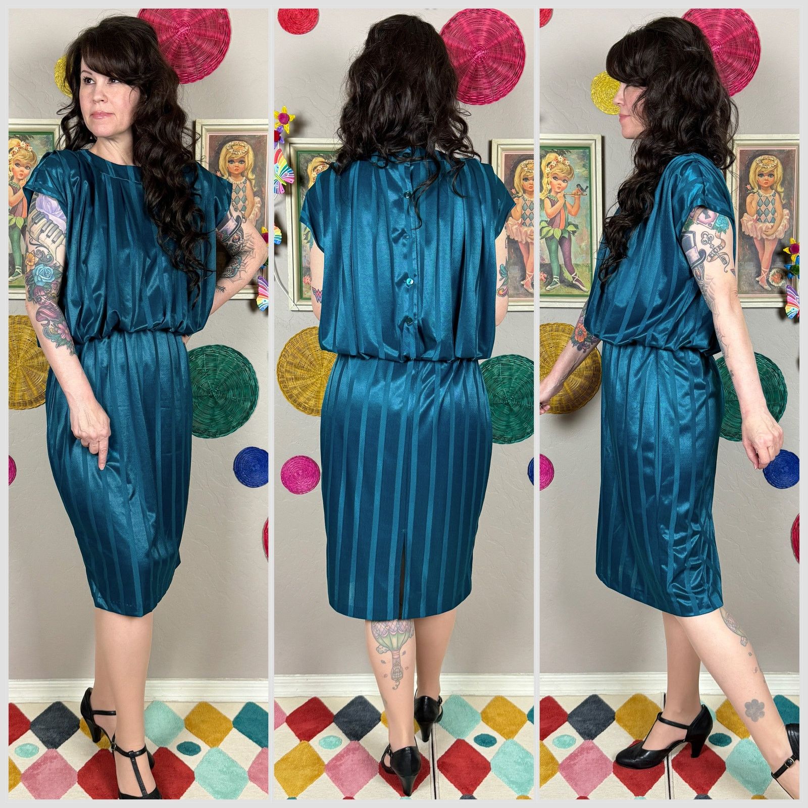 Vintage 1970s Dark Teal Striped Sleeveless Blouson Disco Dress Size M / US 6-8 / IT 42-44 - 2 Thumbnail