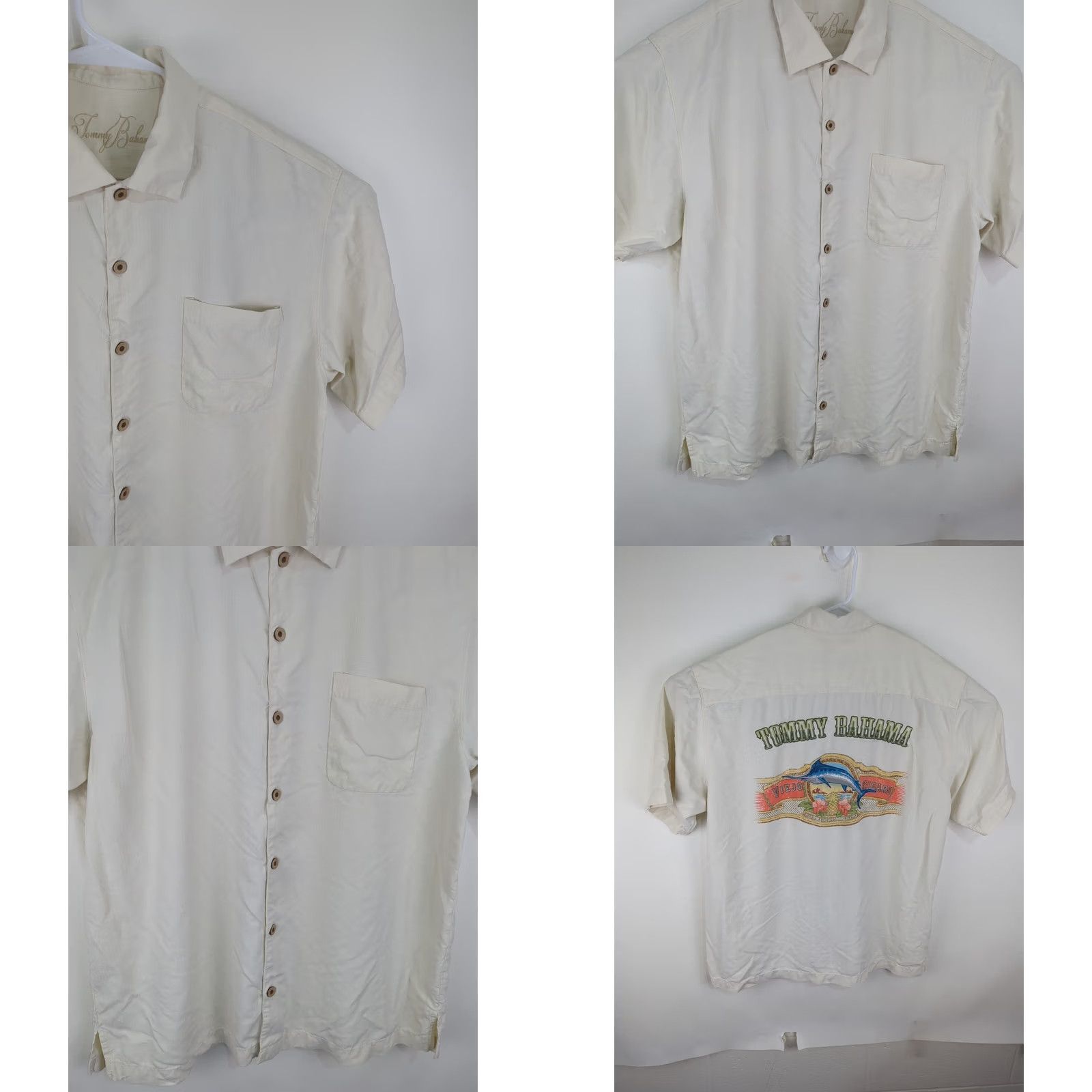 Tommy Bahama VINTAGE Tommy Bahama Silk Hawaiian Shirt Embroidered Marlin Viejo Cigars Large Button-Up Shirt, Cream, Men’s L, Short Sleeve, Casual Size US L / EU 52-54 / 3 - 8 Thumbnail