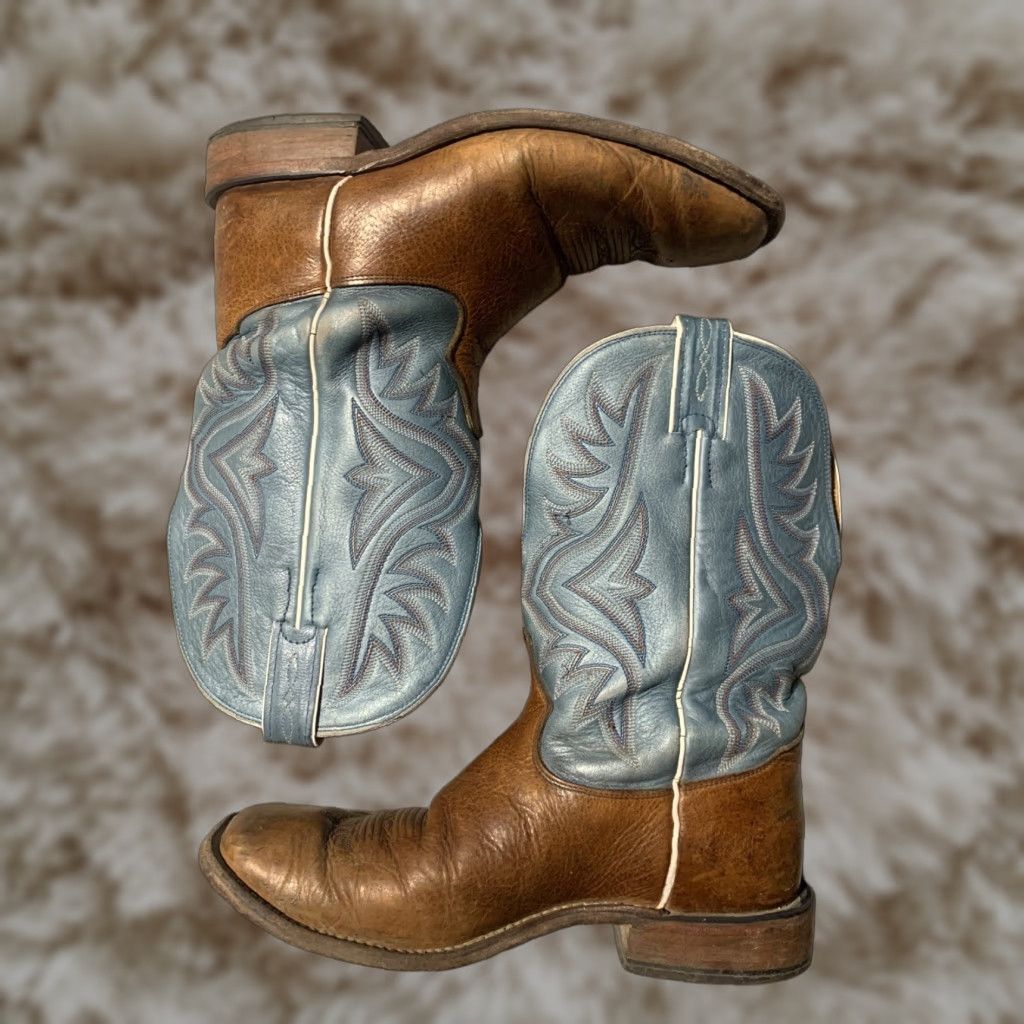 Tony Lama Avett Western Cowboy Boots Pecan Brown Mens 9 D Square Toe Pull On Leather Middle Shaft 7955 Vintage No US 9 UK 8 EU 42 Heel? (not include)