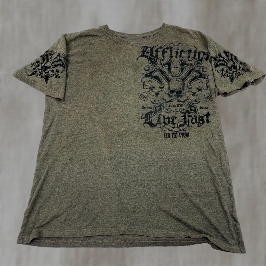 Affliction Affliction Shirt Men 2XL Olive Green Live Fast MMA Skull Wings Retro Faded Tee Size US XXL / EU 58 / 5 - 1 Thumbnail