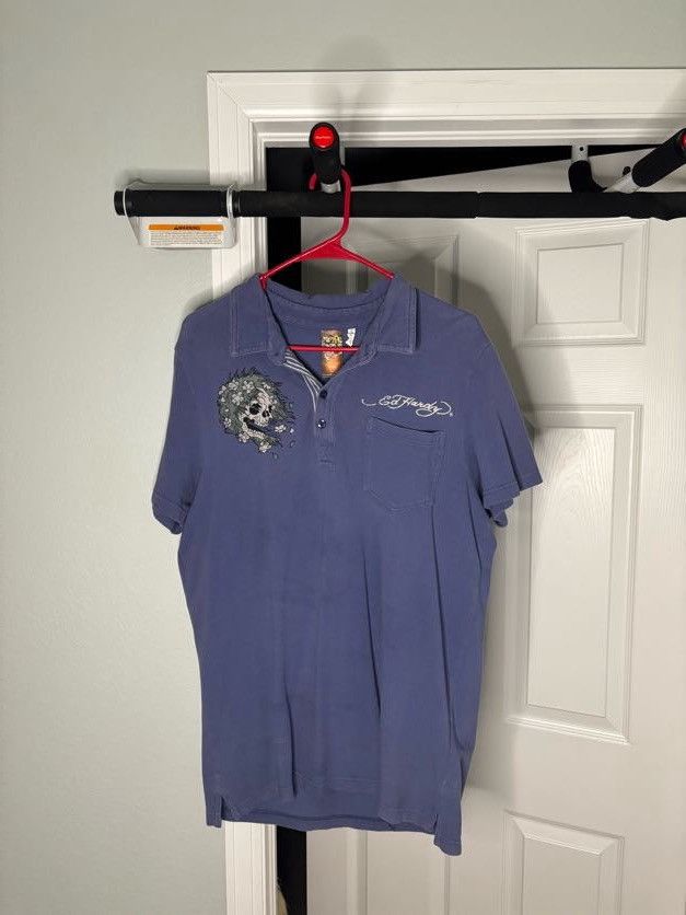 Ed Hardy Vintage Ed Hardy Blue Rhinestone Graphic Polo Size Large Size US L / EU 52-54 / 3 - 1 Thumbnail