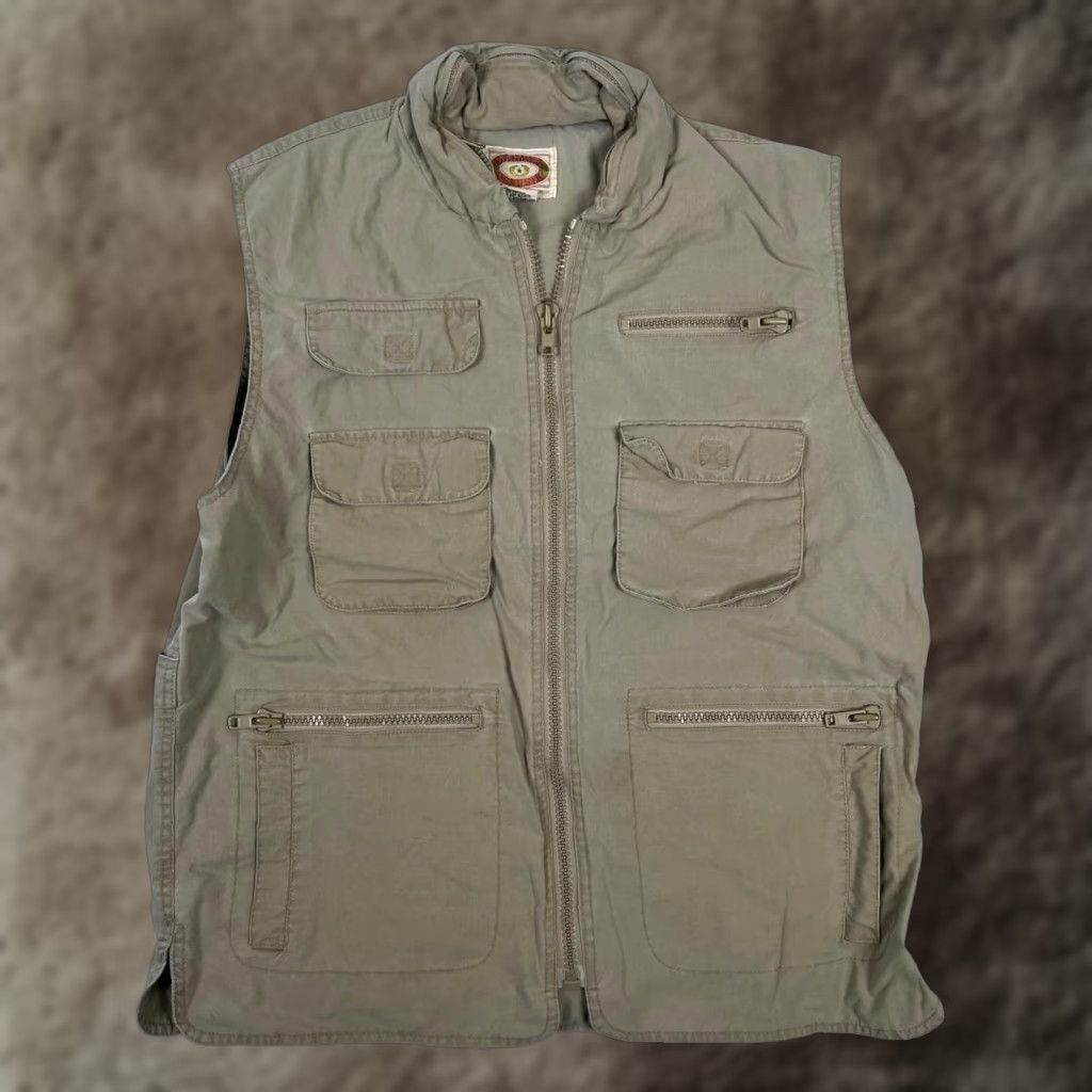 VINTAGE Banana Republic Vest Mens L Beige Safari Utility Hooded Travel Windbreaker