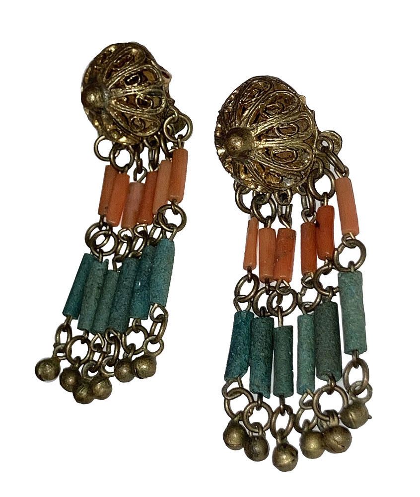 Designer Egyptian Revival Red Coral Brass Faience Earrings Size ONE SIZE - 2 Thumbnail