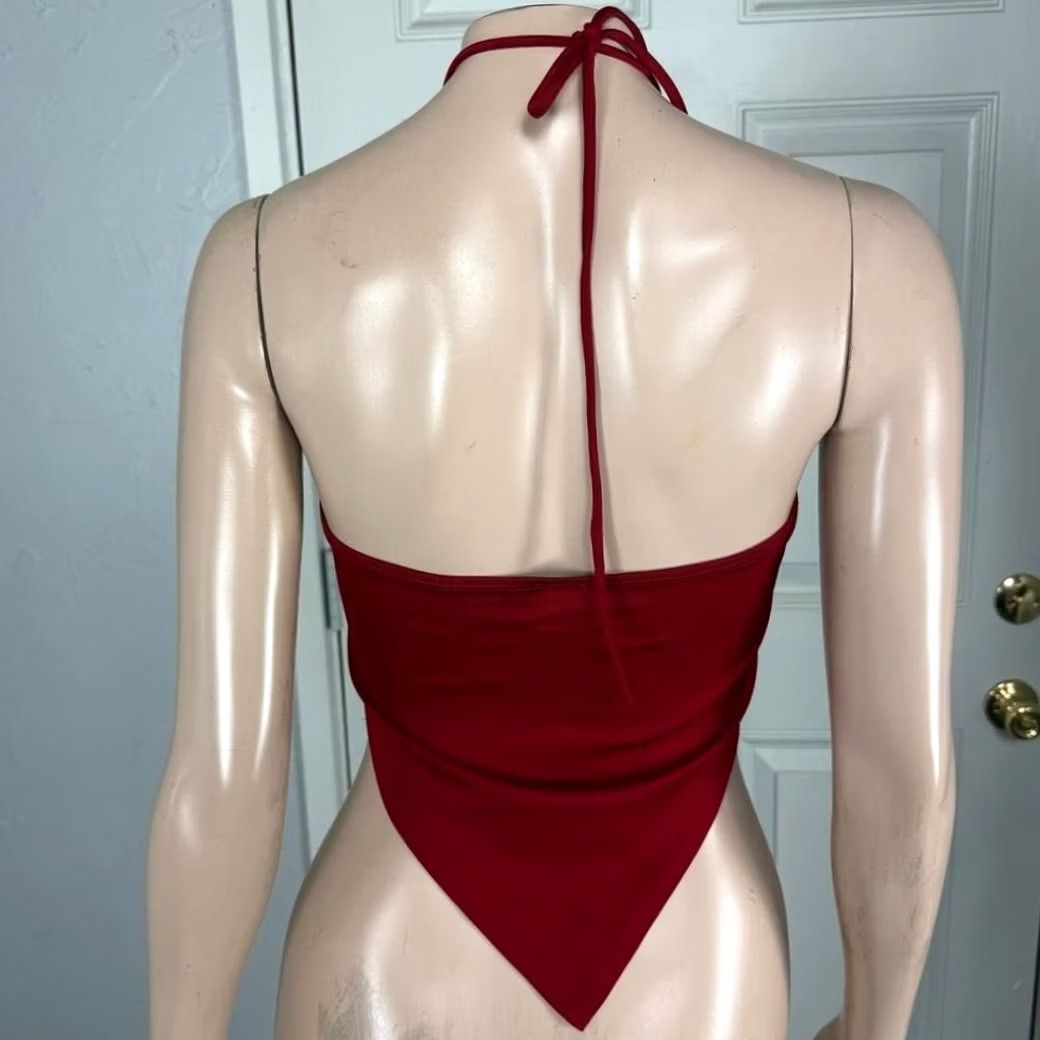 Vintage VINTAGE Dot Women's Shirt S Red Cropped Sleeveless Floral Knit/Polyester Blouse 70s Groovy Halter Top W3-3 Size S / US 4 / IT 40 - 4 Thumbnail