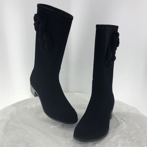 image of Authentic Chanel Camellia Black Velvet Boots, Women's (Size 9)