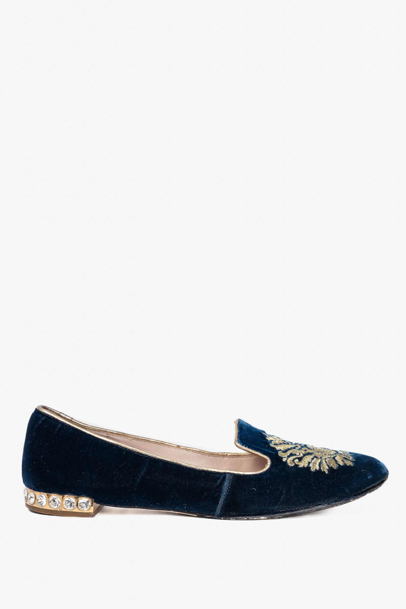 Miu Miu Miu Miu PF12 Blue Velvet Embroidered Crystal-Heel Loafers Size US 8 / IT 38 - 2 Thumbnail