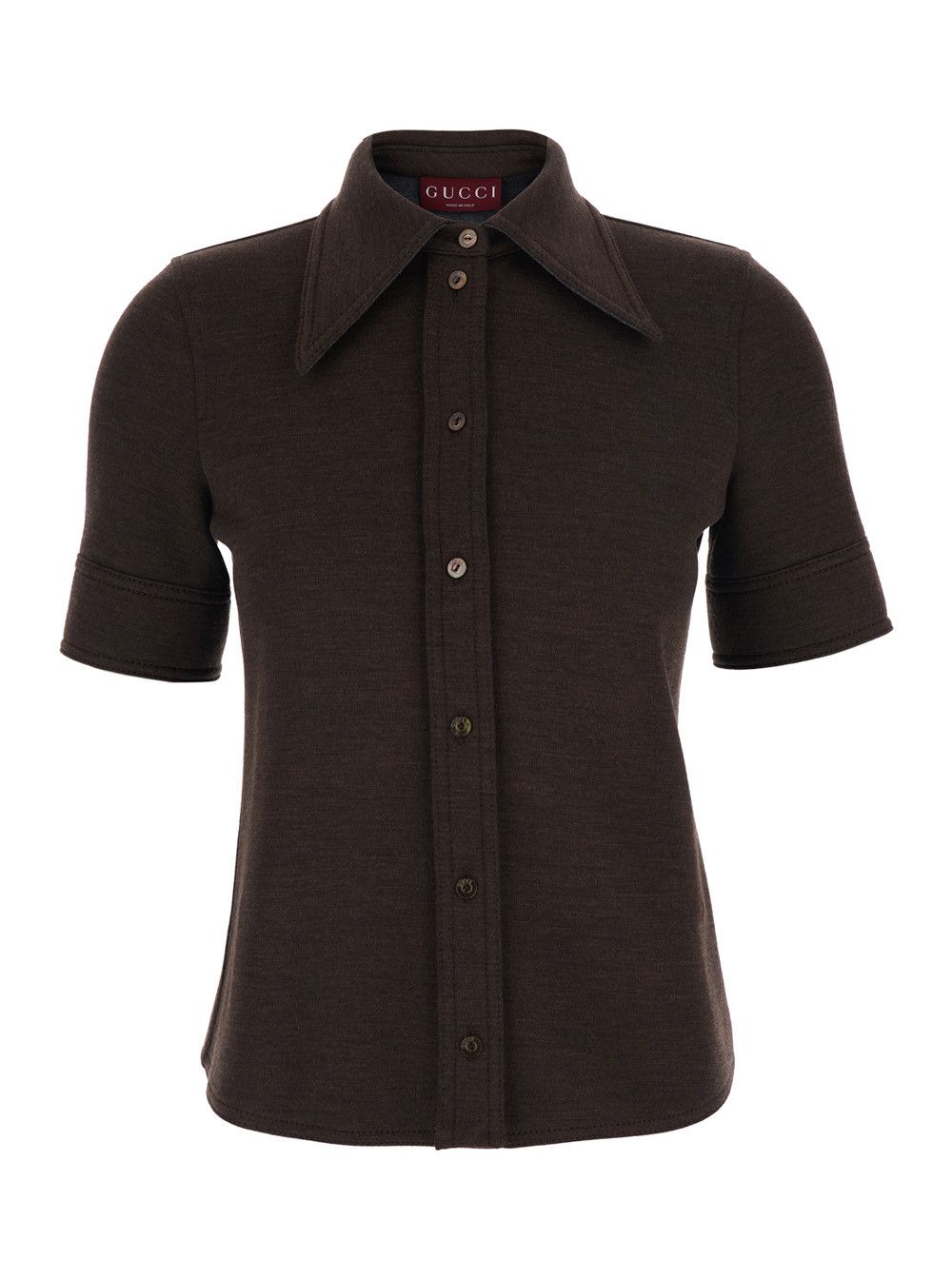 Gucci Brown Shirt with Polo Style Pointed Collar in Wool and Cotton Blend Woman Size M / US 6-8 / IT 42-44 - 1 Thumbnail