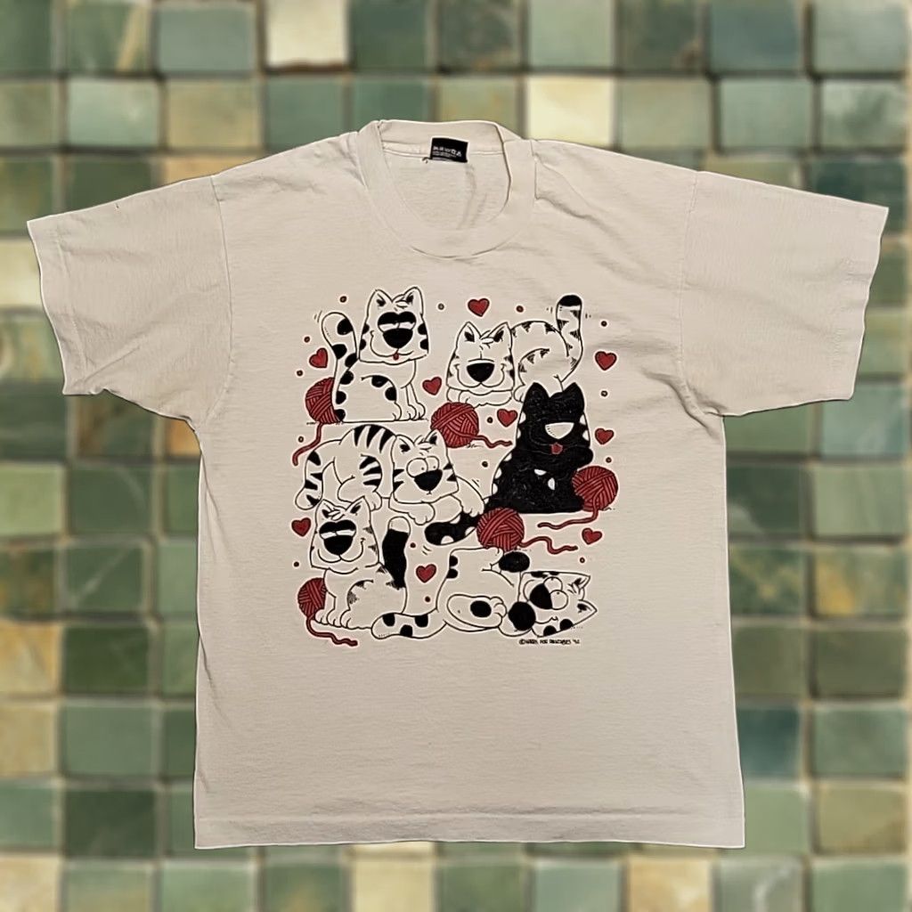 Vintage VTG Cats Shirt Men L 90s Cats Hearts Made In USA Single Stitch Harris Paintables Shirt Mens White Graphic Print Cat Hearts 90s Vintage Gift Size US L / EU 52-54 / 3 - 1 Thumbnail