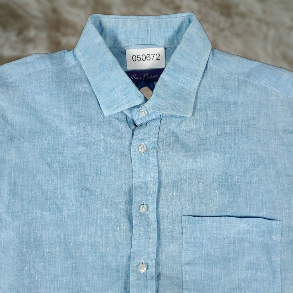 Vintage Alan Flusser Shirt Mens Large Blue Linen Casual Button Up Short Sleeve Size US L / EU 52-54 / 3 - 1 Thumbnail