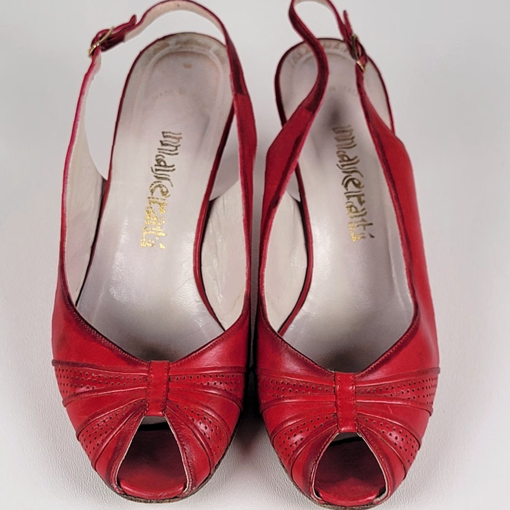 Vintage VINTAGE 80s Italian Leather Slingback 'Fascination' Heels Stacked Heel US 6 B Red Women/Girls Cocktail Size US 6 / IT 36 - 2 Thumbnail