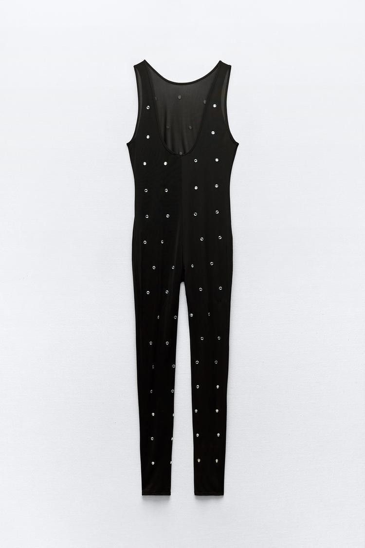 Zara Zara Rhinestone Mesh Organza Black Jumpsuit ( S ) Size 27" / US 4 / IT 40 - 3 Thumbnail