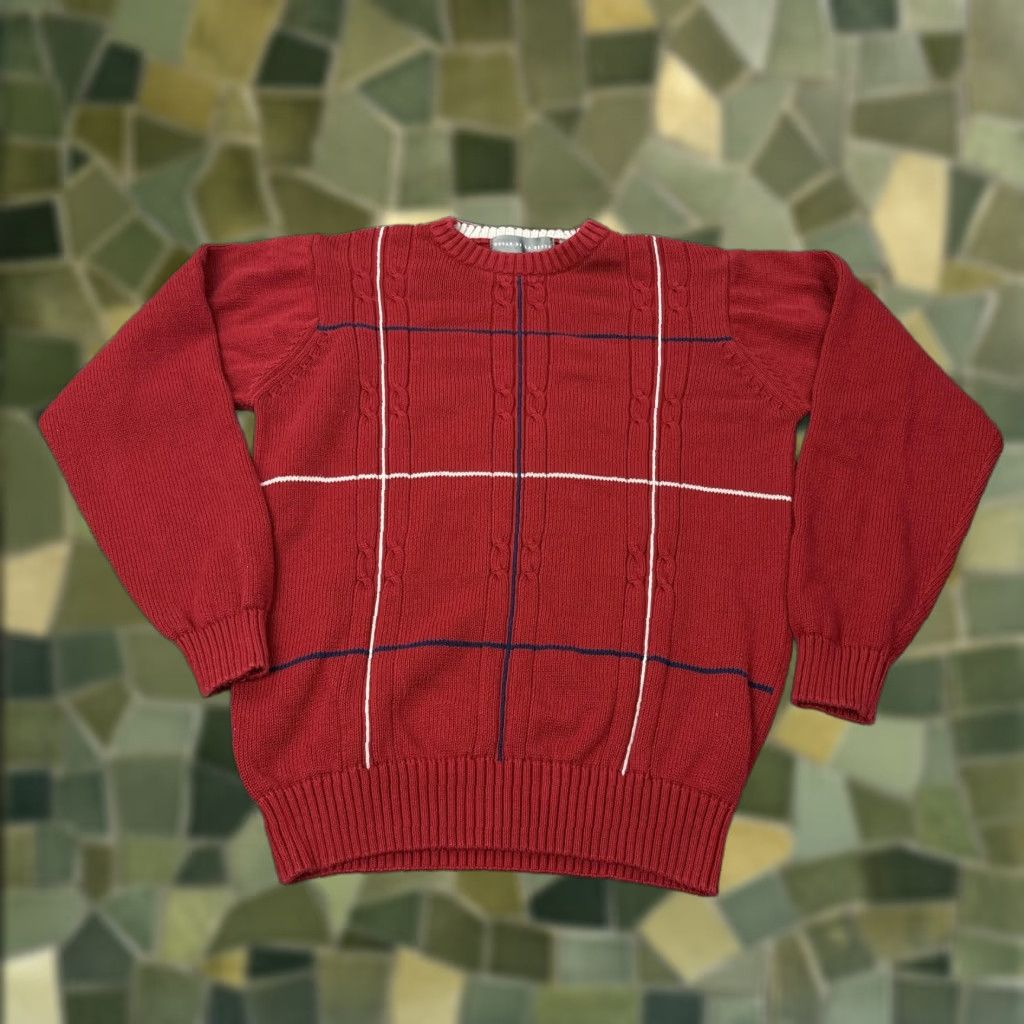 Oscar De La Renta Oscar de la Renta Sweater Mens M Red Windowpane Cable Knit Crewneck Cotton Size US M / EU 48-50 / 2 - 1 Thumbnail