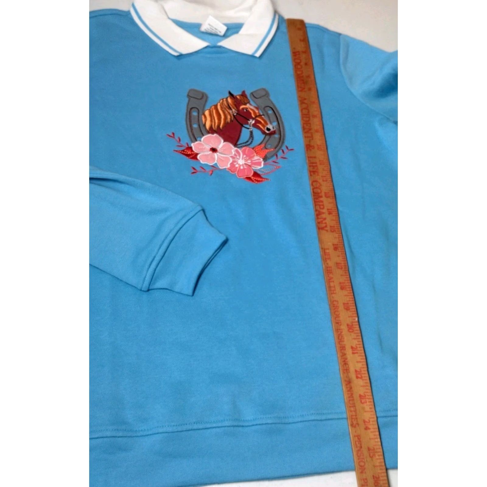 Vintage Adrian Delafield Horse Sweatshirt Women M Collared Horseshoe Equestrian Blue Size M / US 6-8 / IT 42-44 - 6 Thumbnail