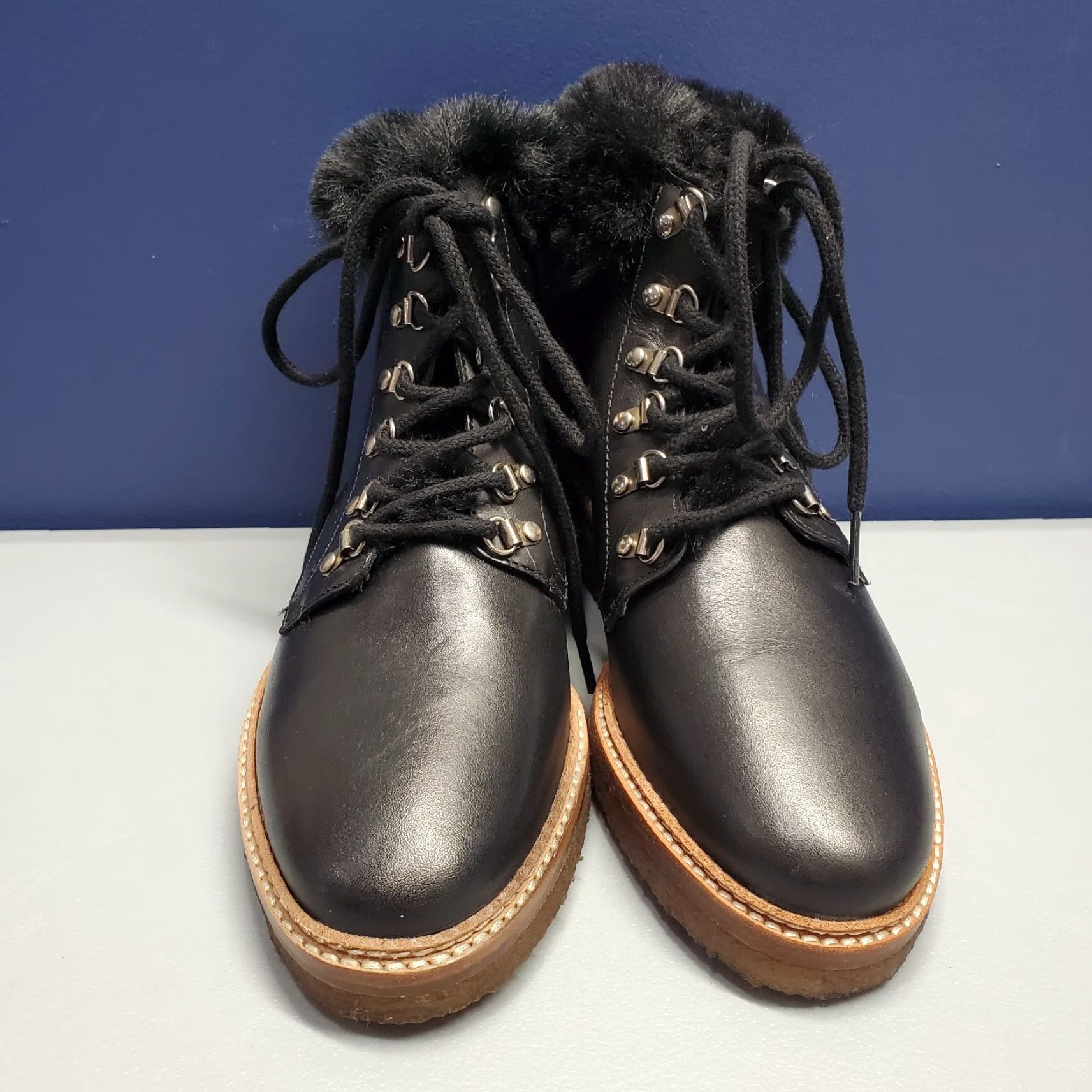 Vintage Botkier Winter Boots Womens Size 7.5 Black Leather Faux Fur Trim Gum Sole Lace Up Casual Fall Winter Shoes Mens? Size US 8 / IT 38 - 2 Thumbnail