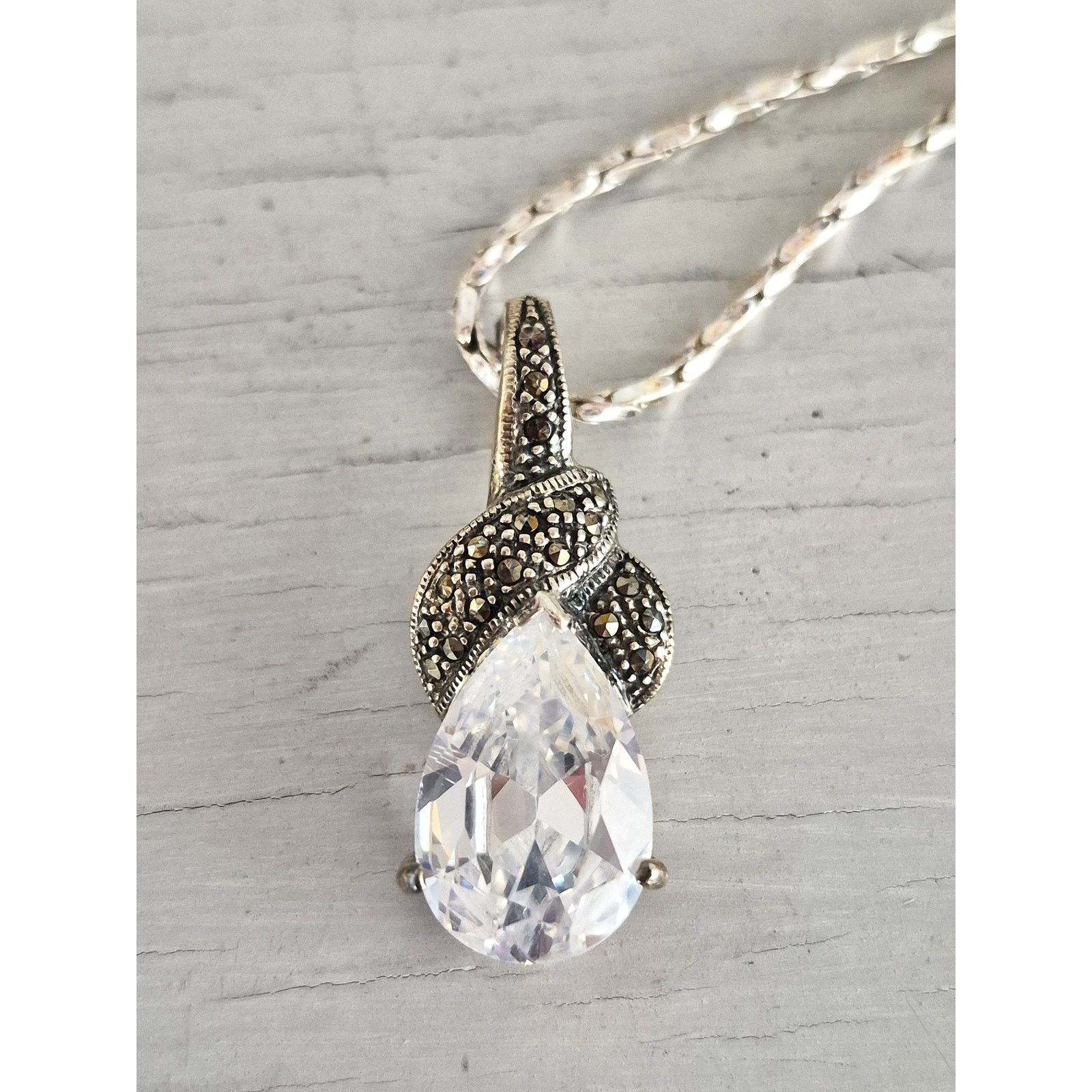 Other Sterling Silver Pear CZ Marcasite Pendant with Necklace Size ONE SIZE - 1 Thumbnail