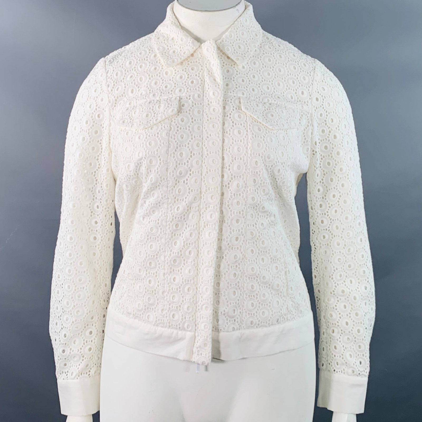 Other Ugoline White Cotton Eyelet Hidden Zipper Trucker Jacket Size L / US 10 / IT 46 - 1 Thumbnail